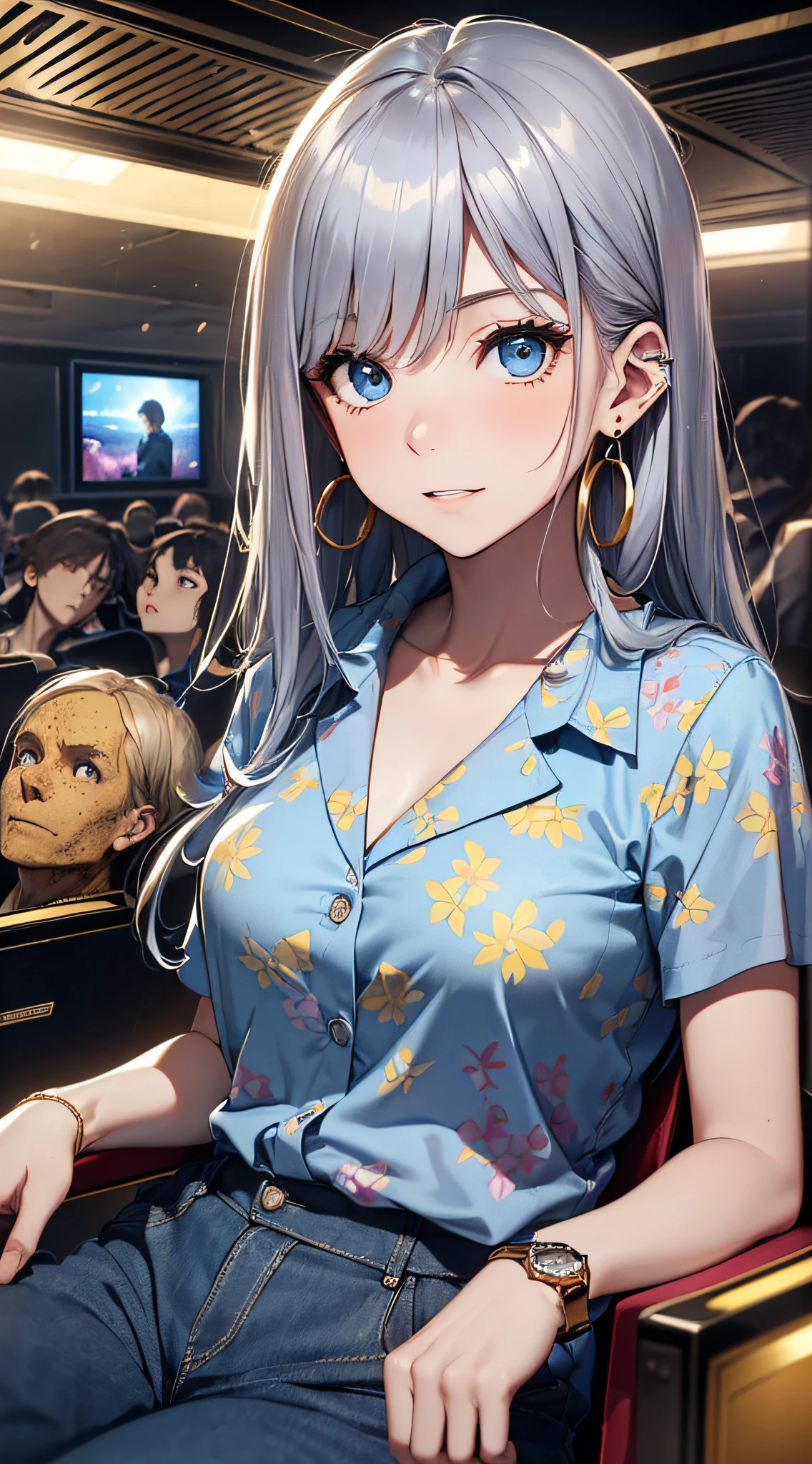top-quality、Top image quality、masterpiece、girl with((18year old、 Beautiful Aloha Shirts、Black bra、Blue long trousers、Best Bust、Bust 85、a blond、Semi-long、Blue eyes、open chest wide、Valley、Happiness、A slender、Frightened face、Gold Earrings、Silver Watch、Sideways from the viewer's point of view、Sitting on a chair in a cinema))hiquality、Beautiful Art、Background with((Cinema during night screenings、dark ilumination)、masutepiece、Elaborate design、visualart
