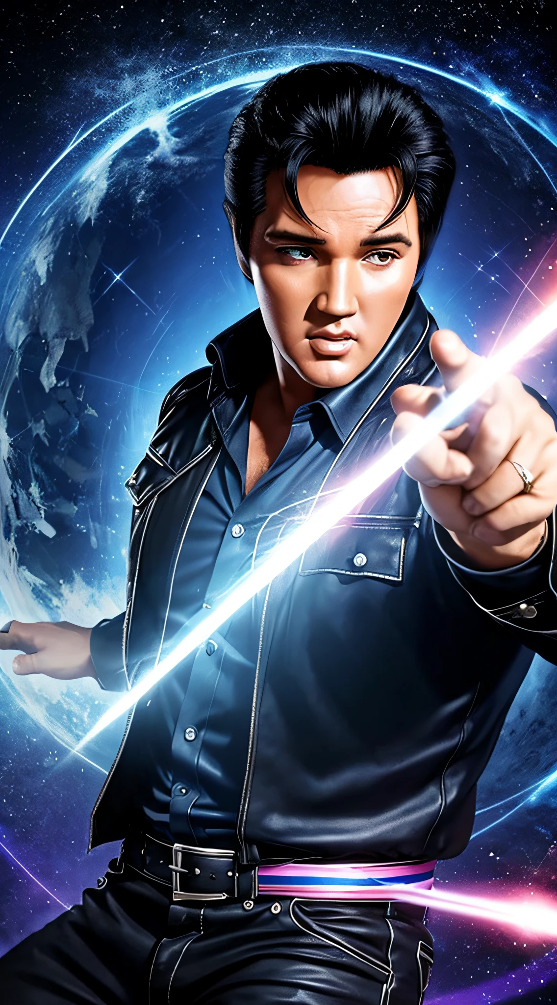 Generate an image of the world being transformed by Elvis's supernatural abilities.