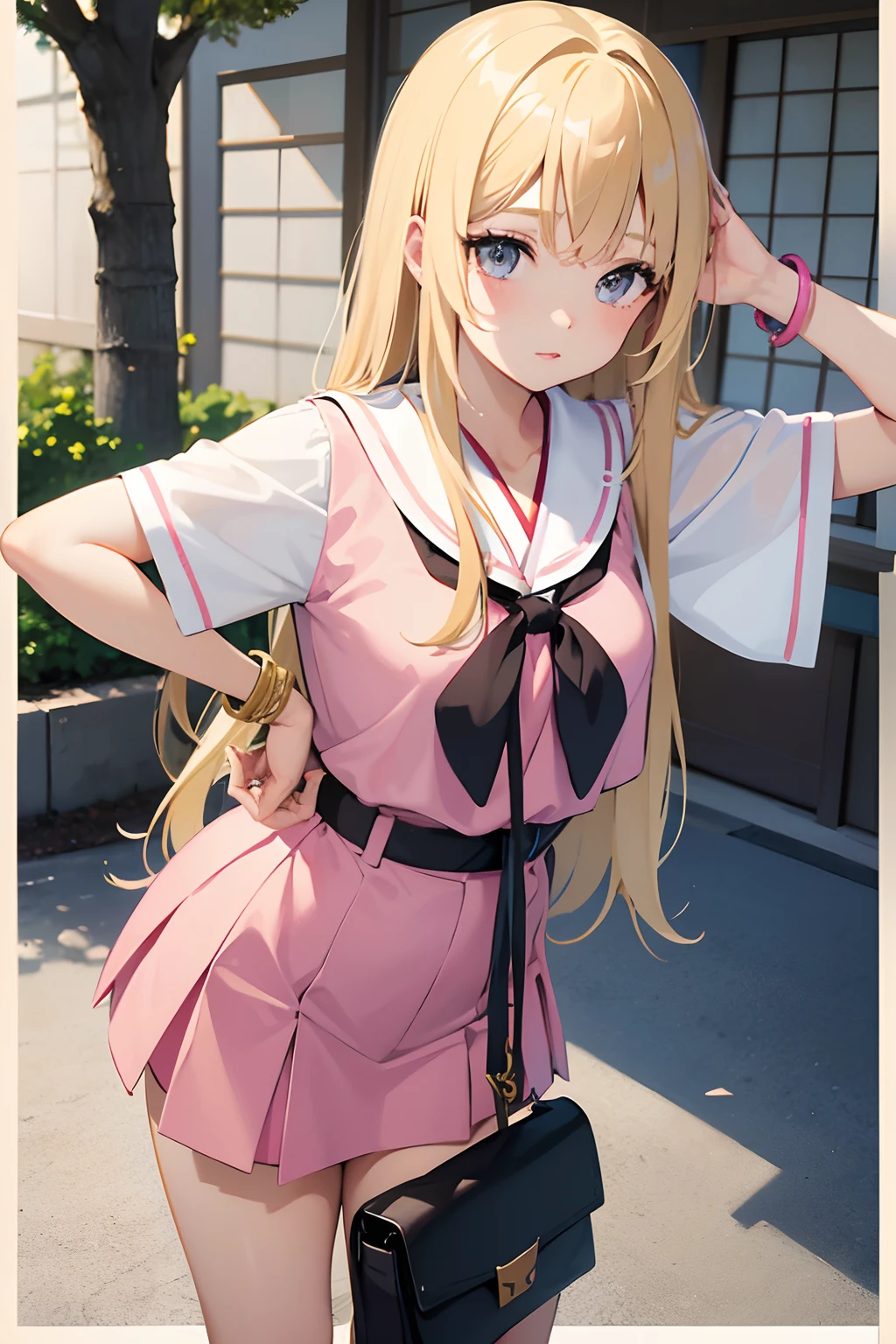 1 girl, solo, masterpiece, blonde hair,straight haired,long hair,pink lips, Japanese school top, Japanese bottom,cute and beautiful illustration,soft, bracelet, posing, standing position,bag