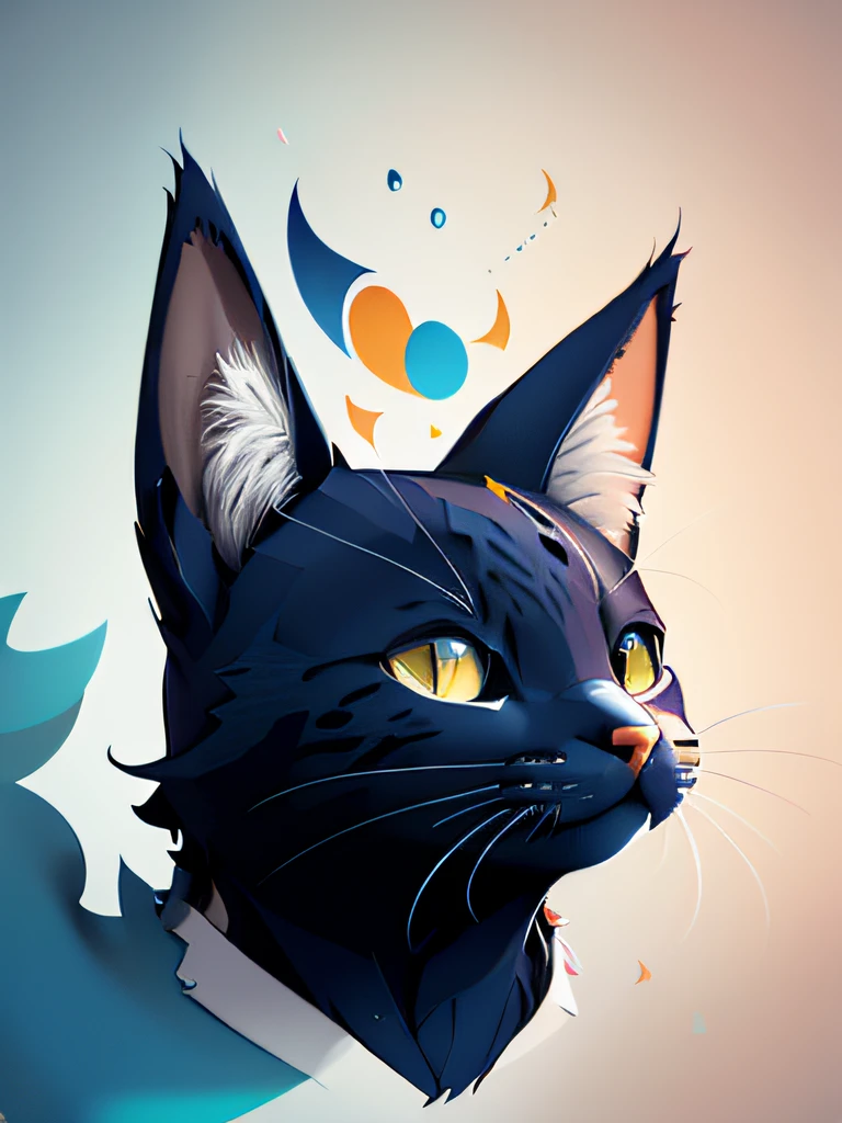 Logotipo colorido, Minimalist illustration of kitten head vector logo, frente, magica, Sharp design, Suave, Color monocromo, Magical dark paint and colorful splashes, T-shirt design, Estilo Studio Ghibli, Design must be vector art . Uso de Adobe Illustrator, Crear una limpieza, Logotipo simple pero cautivador. Keep the design focused on the cat's eye, Captura su singularidad y encanto. The logo should evoke a sense of sophistication and tranquility. Emphasis on low-poly style adds a touch of luxury. The overall aesthetic should be elegant and elegant., relevante para los objetivos de su marca y logotipo, fondos negros, ((Simemetro)) Es una cara de gato enojado