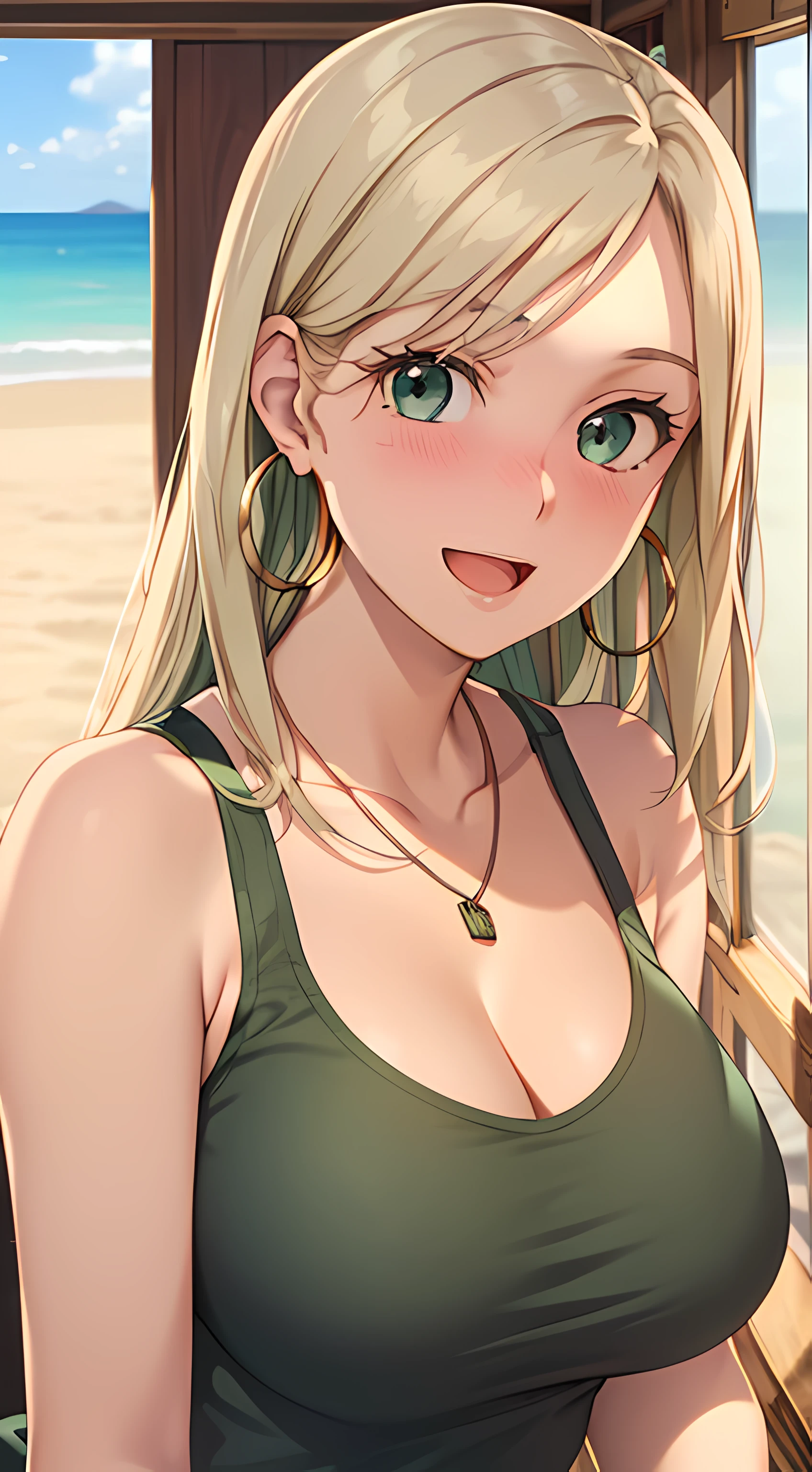 ((masterpiece, best quality, highres, UHD, RTX, perfect pixel, depth of field, 4k, extremely-detailed))), 1girl, single, solo, beautiful anime girl, beautiful artstyle, anime character, ((long hair, parted bangs, middle part hair bangs, dark blonde hair)), ((green eyes:1.4, rounded eyes, beautiful eyelashes, realistic eyes)), ((detailed face, blushing:1.2)), ((smooth texture:0.75, realistic texture:0.65, photorealistic:1.1, anime CG style, vibrant color)), ((medium breasts, cleavage, busty)), dynamic angle, perfect body, ((POV, dynamic pose, looking at viewer)), ((wearing tanktop, black tanktop, panties, visible bra from inside the tanktop)), ((necklace, hoop earrings)), smile, open mouth, embrassed, on the beach, summer, leaning forward