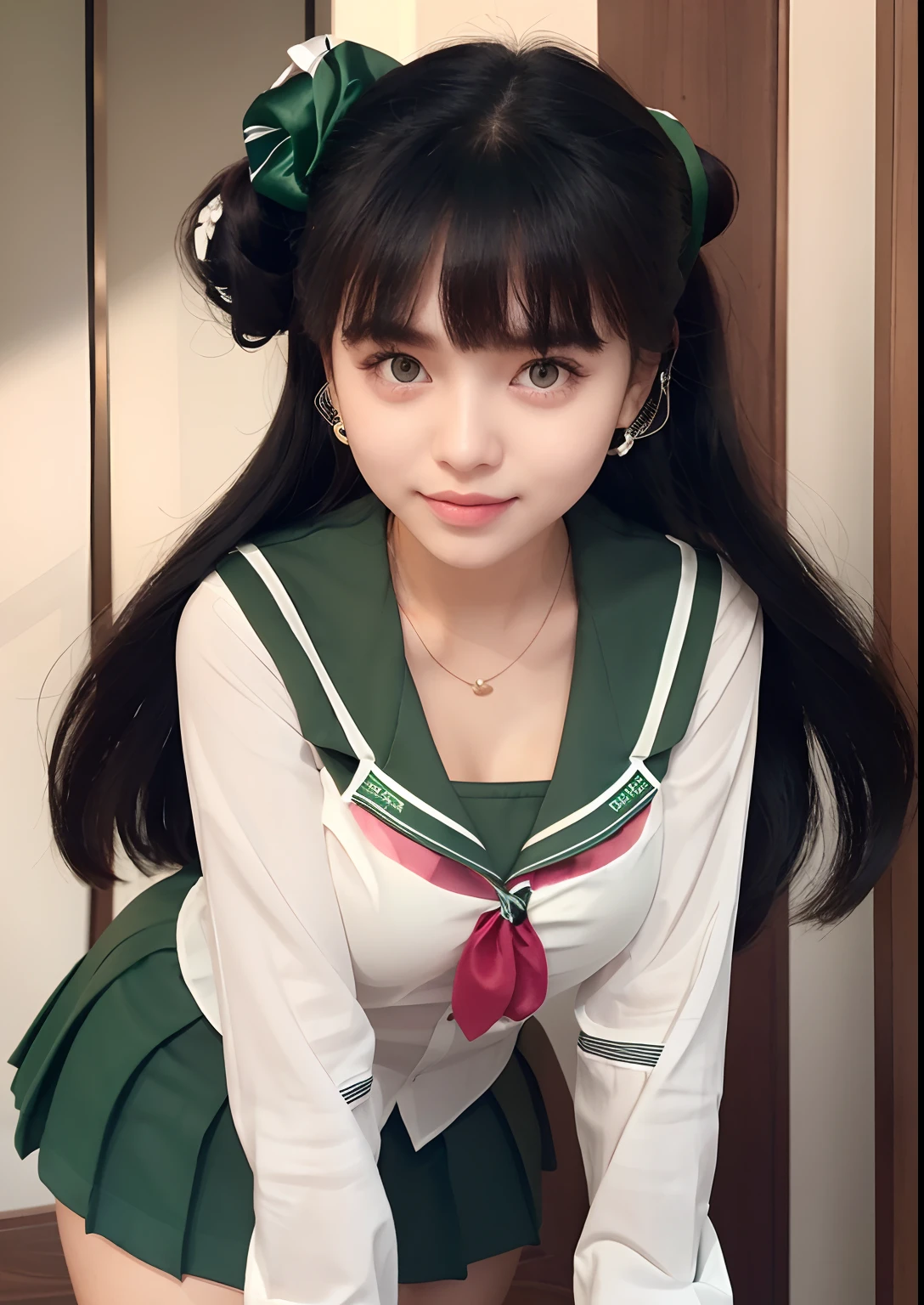 a girl in uniform with long black hair and green and white shirt, close up, a cute girl, hyperralistic
