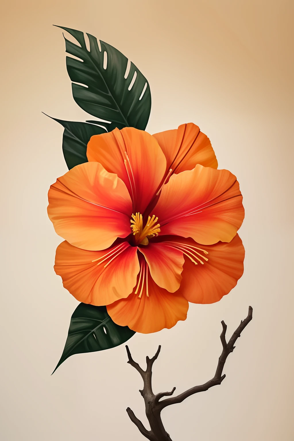 hibiscus flower blooming on a gnarled branch against a grey background, simple background, in the style of light orange and light beige, minimalist images, photography installations, paleocore, green and crimson, hyper-realistic, poetic intimacy