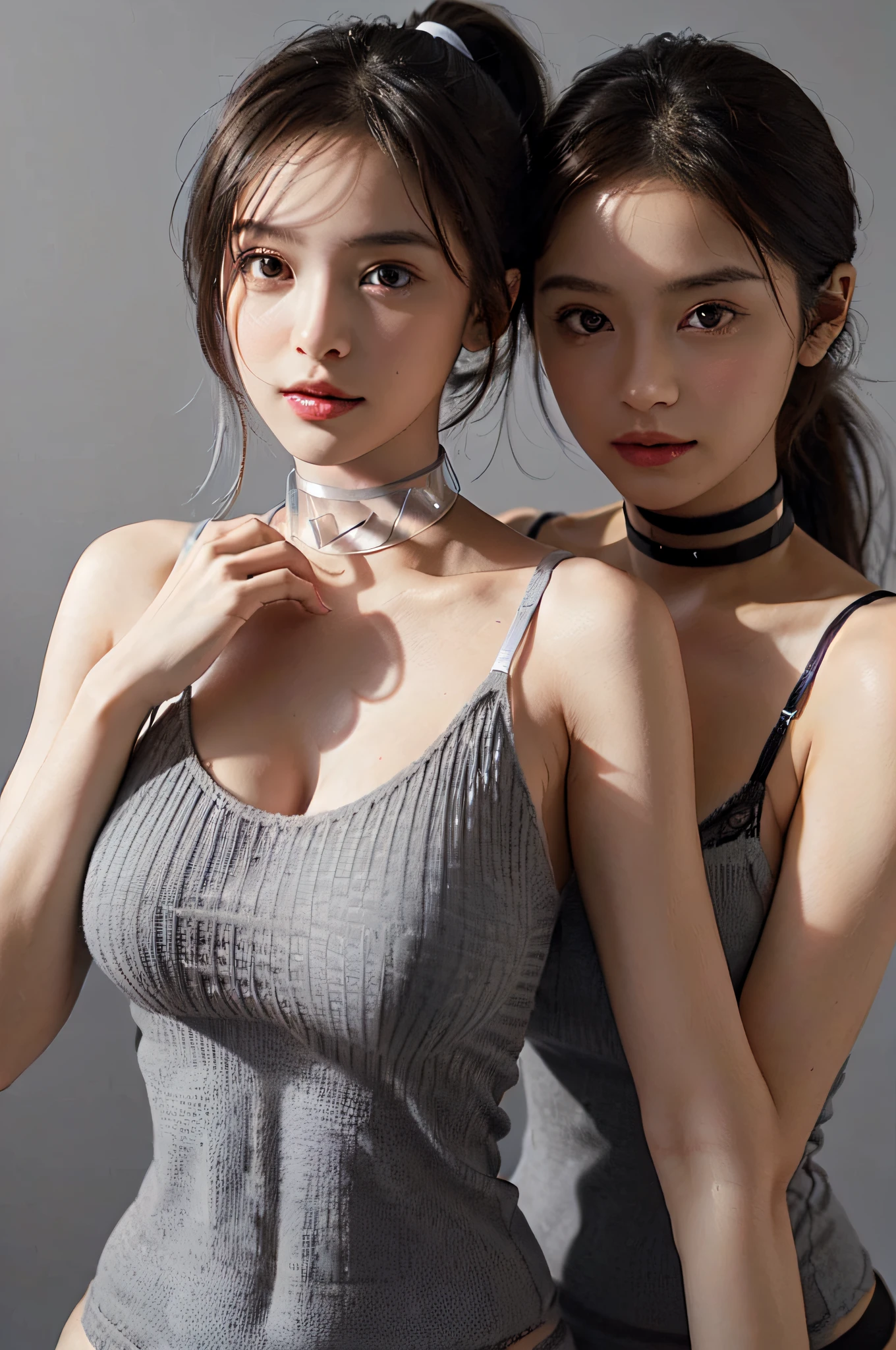 ((Realistic lighting, Best Quality, 8K, masutepiece: 1.3)), ((Clear focus:1.8)), BREAK (Two kawaii girl, Two Women, Duo, Very beautiful women in their late 20s, Change face type randomly & Women's hair:1.4), BREAK (Perfect beauty, very clear skin, Very fair skin, Super Smart, Faces with random and very beautiful details, Fine face, Symmetrical beautiful face, symmetrical beautiful eyes, Fine Eyes Detail, large drooping long slit eyes, Hyper Detail Eyes, Both eyes are synchronized, Focused gaze, on focus, Look at us, thin lipss:1.4), BREAK ((7.5 Head-toll, sloped shoulder, narrow shoulders, thin upper chest, Thin under the chest, thin waist:1.5), (Very large breasts, soft and well-shaped breasts:1.7)), (Random Color Straight Ponytail Hair Bangs:1.5), (Exquisite beautiful facial features) BREAK (Tight Tank Top Mini Length Knit, (Gray Color Lingerie):1.5), BREAK (Black Choker:1.5), slim figure, BREAK (Random emotions, Random poses conscious of body lines synchronized with emotions, randam angle, Random Location, Random position:1.5), ((Gray Color Background), Simple Gradient Background:1.4), Double eyelids,