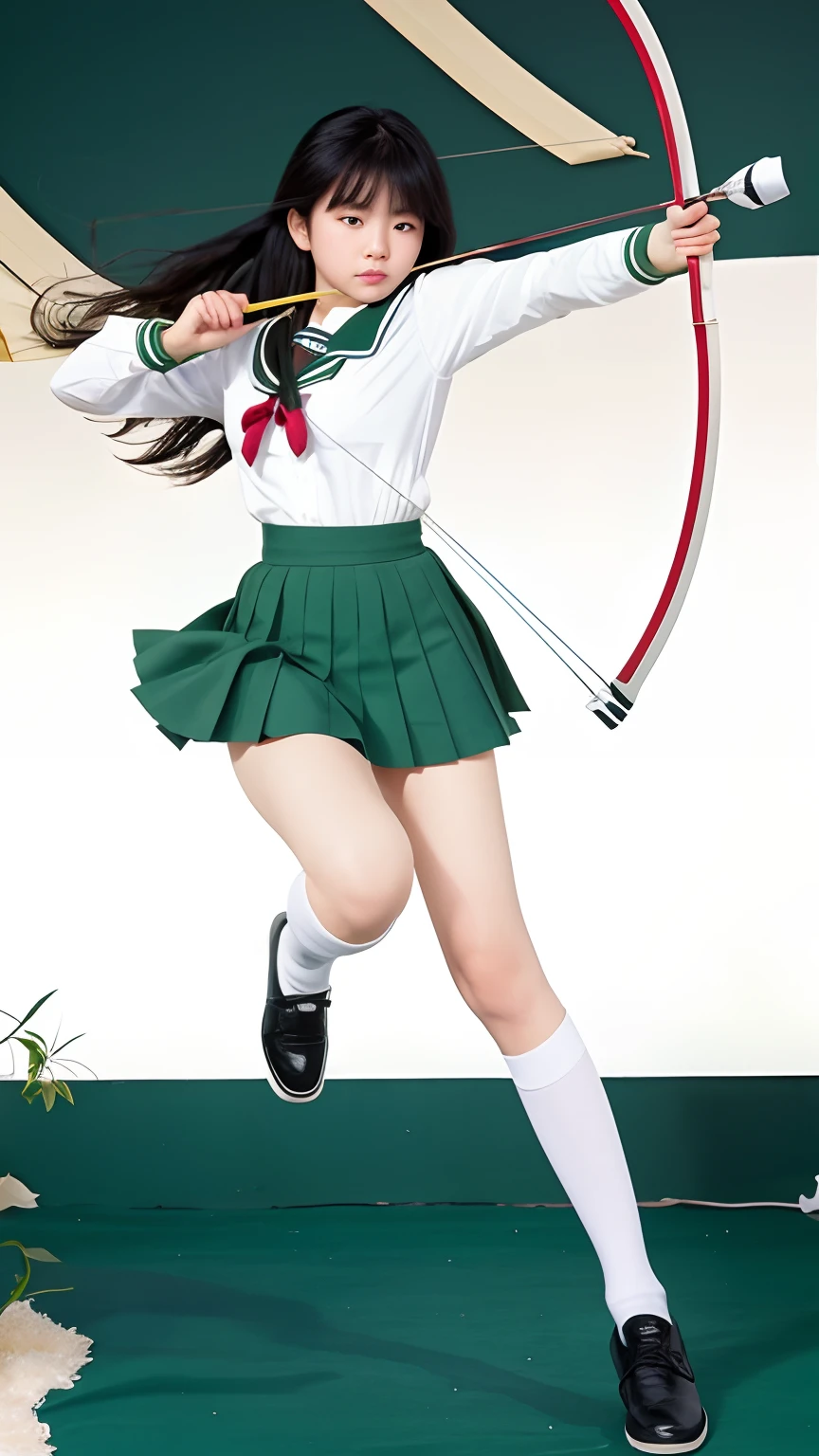 a girl with bow and arrow in front of a green background, long black hair, green and white  sailor school uniform, green short skirt, a cute girl, hyperralistic, long sockss, shoes