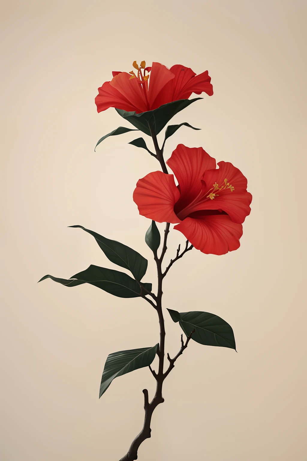 hibiscus flower blooming on a gnarled branch against a grey background, simple background, in the style of light orange and light beige, minimalist images, photography installations, paleocore, green and crimson, hyper-realistic, poetic intimacy