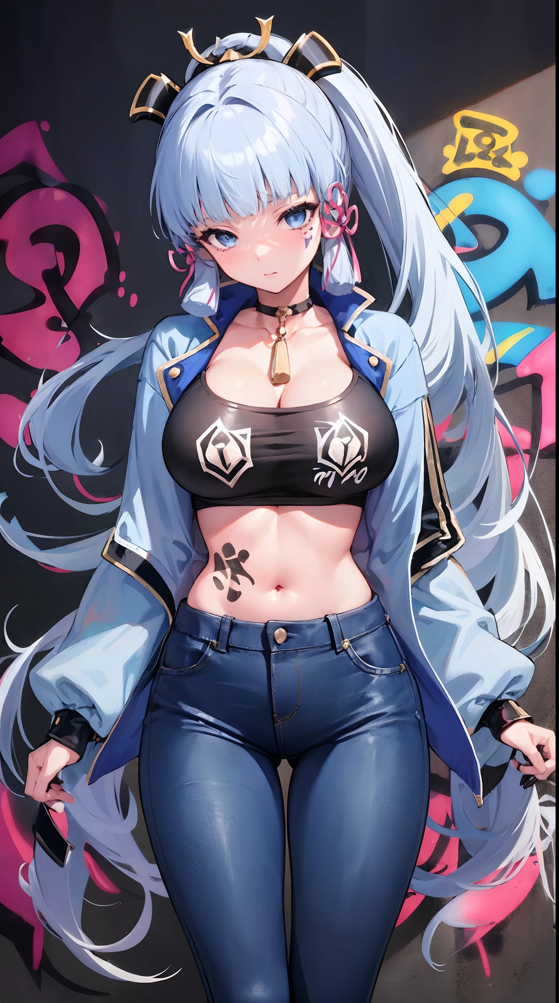 kamisato ayaka|genshin impact, master-piece, bestquality, 1girls,25 years old, proportional body, elongated legs, Beautiful, proportional., crop top, Long Jeans, gigantic breasts, ,bara, crop top, choker, (Graffiti:1.5), Splash with purple lightning pattern., arm behind back, against wall, View viewers from the front., Thigh strap, Head tilt, bored,