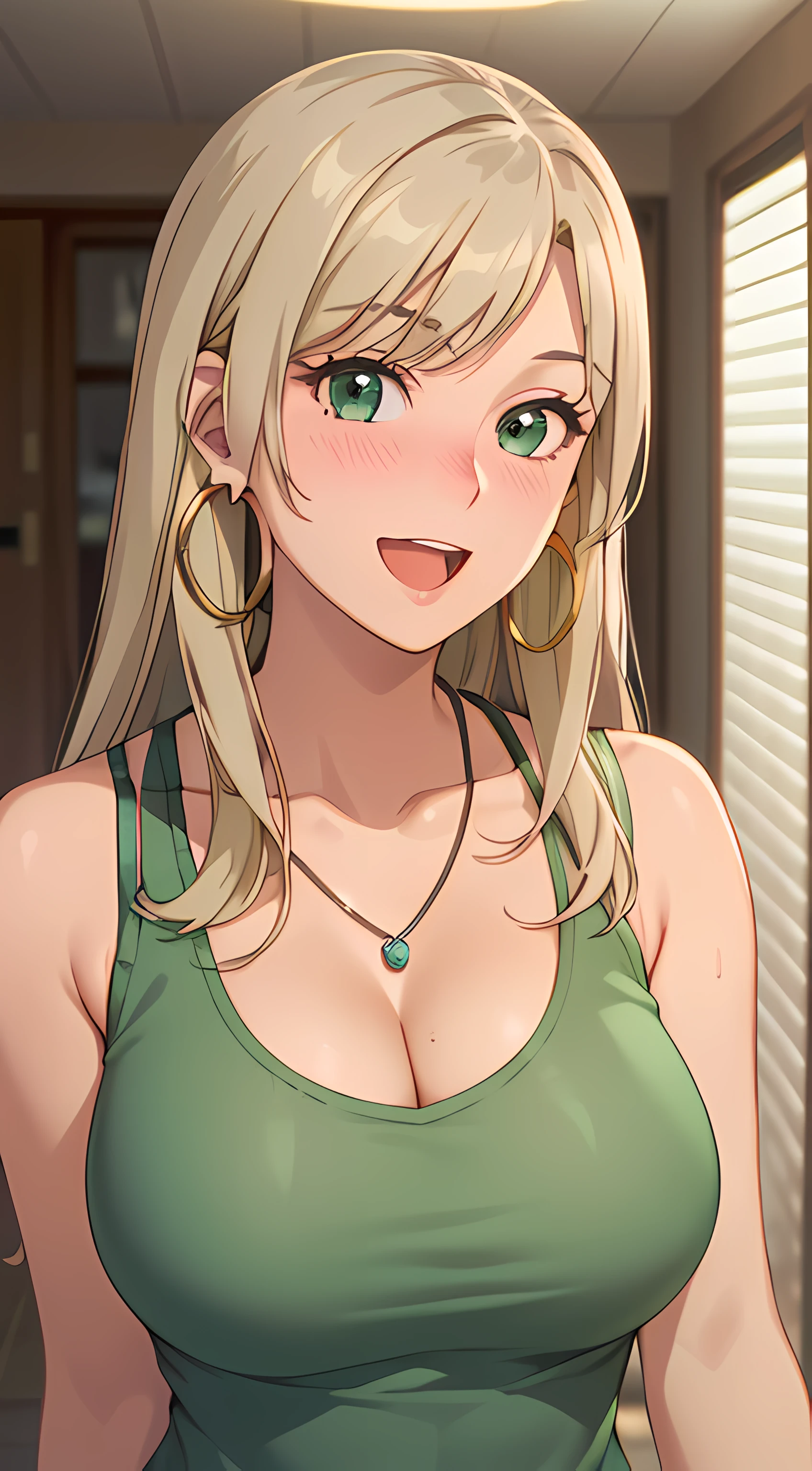 ((masterpiece, best quality, highres, UHD, RTX, perfect pixel, depth of field, 4k, extremely-detailed))), 1girl, single, solo, beautiful anime girl, beautiful artstyle, anime character, ((long hair, parted bangs, middle part hair bangs, dark blonde hair)), ((green eyes:1.4, rounded eyes, beautiful eyelashes, realistic eyes)), ((detailed face, blushing:1.2)), ((smooth texture:0.75, realistic texture:0.65, photorealistic:1.1, anime CG style, vibrant color)), ((medium breasts, cleavage, busty)), dynamic angle, perfect body, ((POV, dynamic pose, looking at viewer)), ((wearing tanktop, black tanktop, panties, visible bra from inside the tanktop)), ((necklace, hoop earrings)), smile, open mouth, embrassed, on the beach, summer, leaning forward