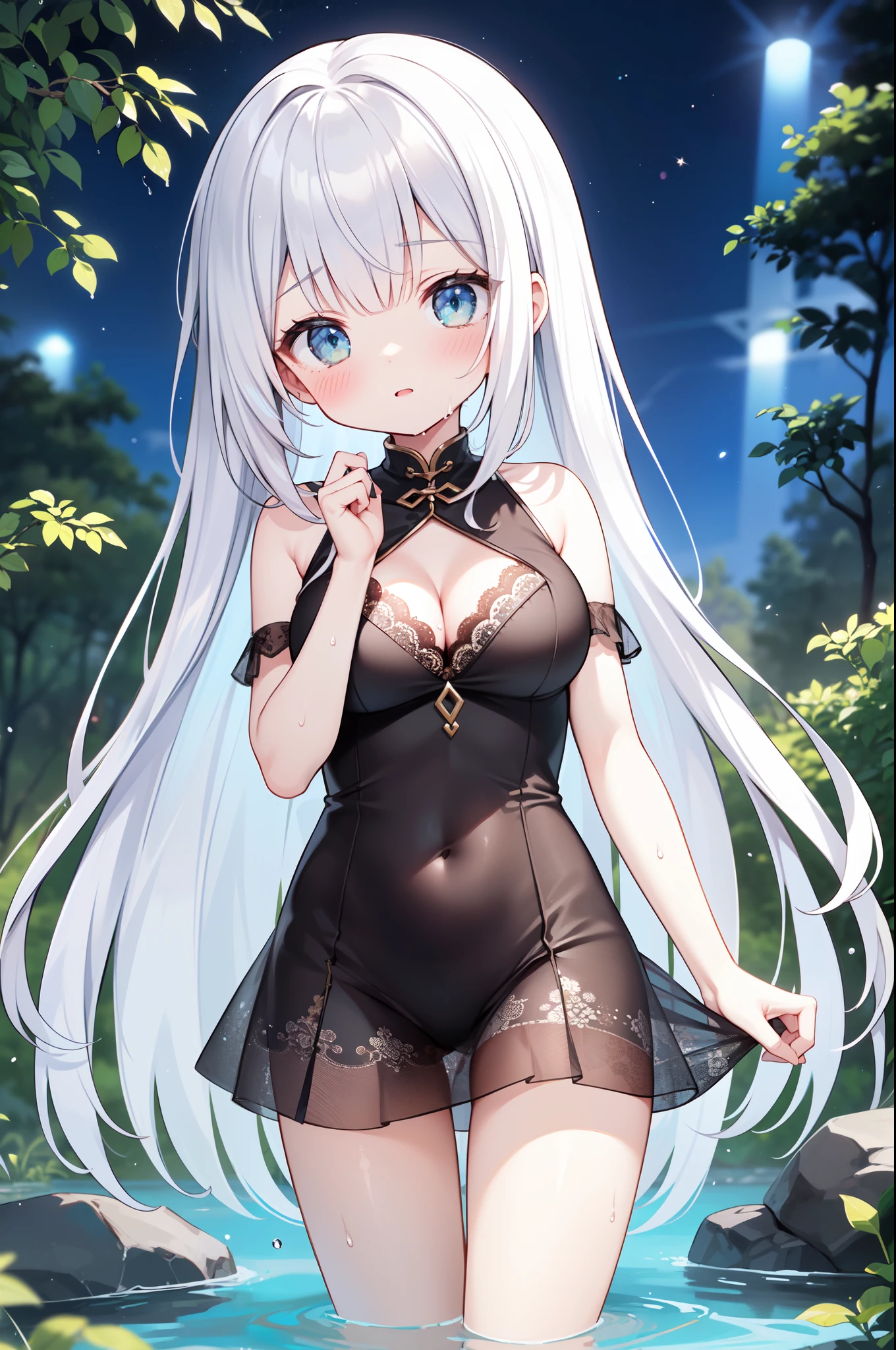 (top-quality)、((ultra-detailliert))、(Super delicate)、Little Goddess Bathing、silber hair、Crims、Small area sheer white lace cheongsam、Shoulders exposed、Large breasts、Cleavage emphasis、Thigh exposure、Springs in the forest、Wet and see-through、Composition looking up from below、mystical、Deities々Right