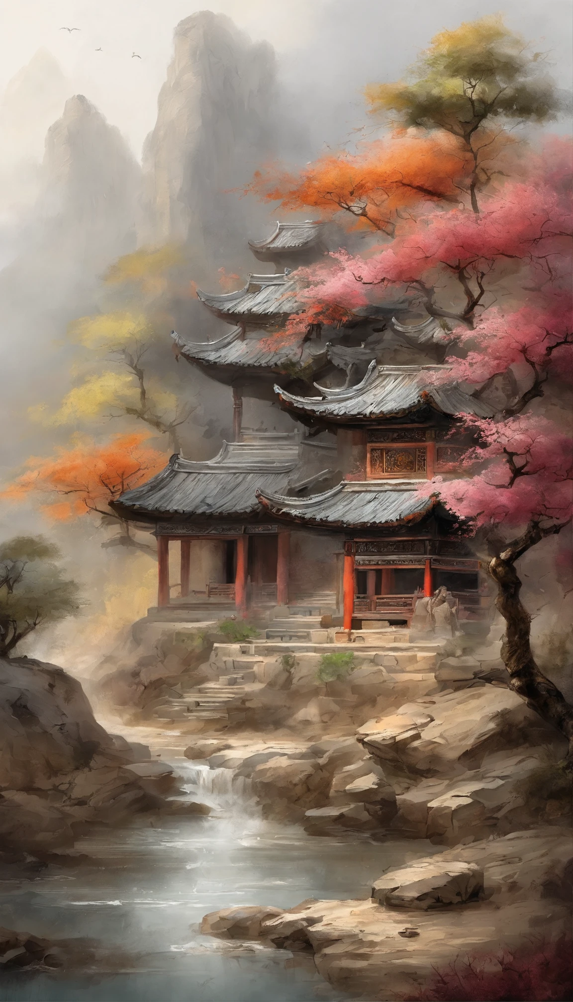 Quaint Han Dynasty style temple，（There was an ancient Chinese monk who sat and meditated（closeup cleavage）），（Meditate），zazen，age-old tree，falling leaf，（Chinese landscape painting style），（Pastel ink painting），（8k wallpaper），（light and shadow effect），rendering by octane，White balance design，Extremely detailed picture depiction，wide angles，depth of fields，tmasterpiece，realisticlying，Beautifully depicted，A detailed，acurate，Works of masters，tmasterpiece