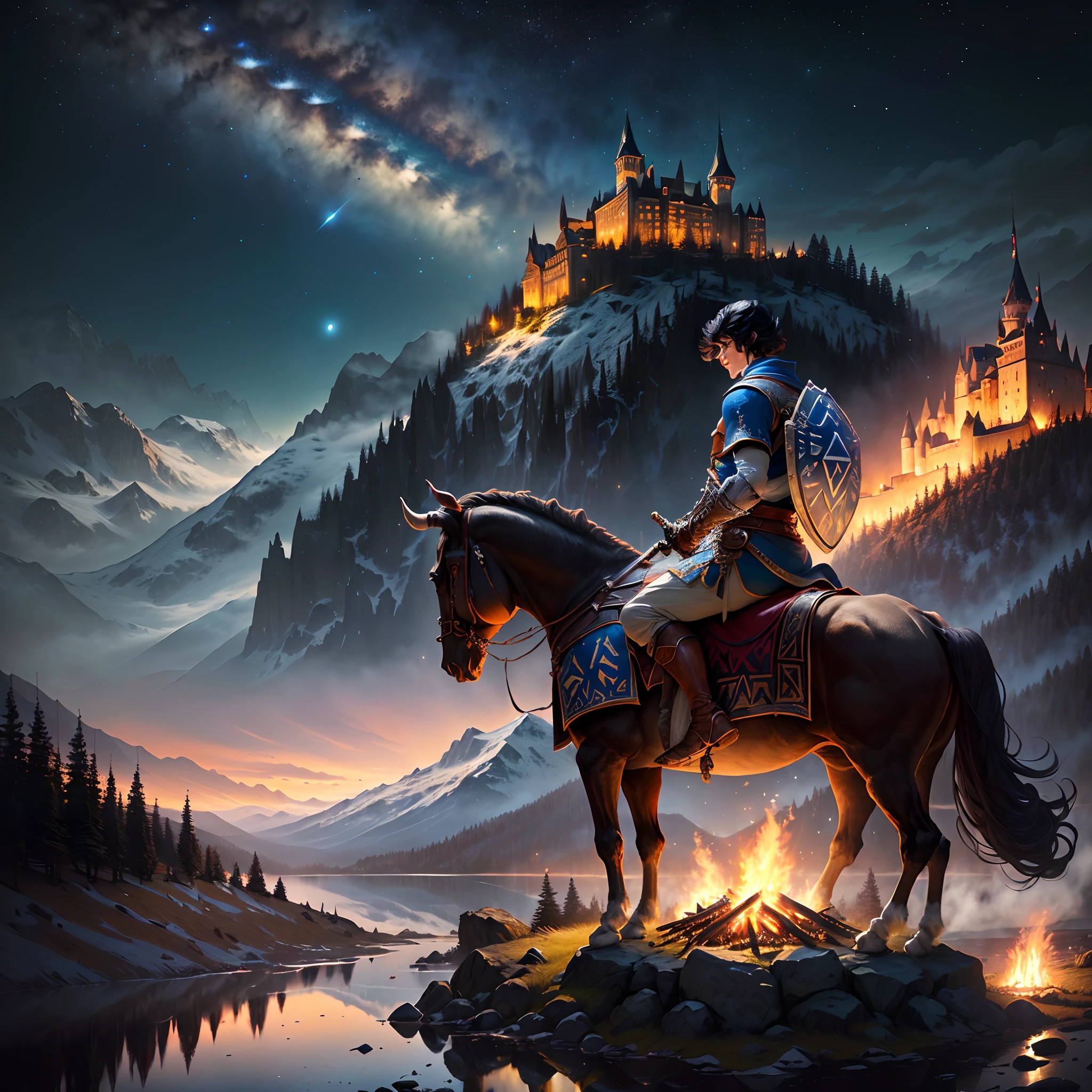 Legend of zelda, male hero holding sword, triumphant, riding bull (sit on bull) dynamic light, mountains, night, stars, moonlight, campfire, reflection lake in background, hyper-realistic, best quality, black hair, medieval, castle on top of mountain in background,