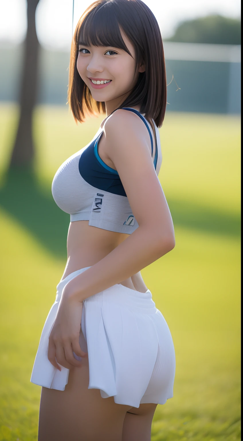 (top-quality、超A high resolution、masterpiece:1.3)、A tall and pretty woman、longeyelashes, Long hair with bangs, longeyelashes, Parted lips, surrealism, drop shadow, anaglyph, Verism, depth of fields, Backlighting, Expose F/1.2, One-person viewpoint, Super Detail, ccurate, Best Quality, nffsw, masutepiece, Textured skin, wetted skin, Best Quality, 8K, blurry backround, ((big breasts thin waist)), skinny thigh, (Colossal tits:1.1), Natural Color Lip, Smile, long legged, Young woman in perfect style, age woman, sport uniform, Land Track, Preparatory exercise