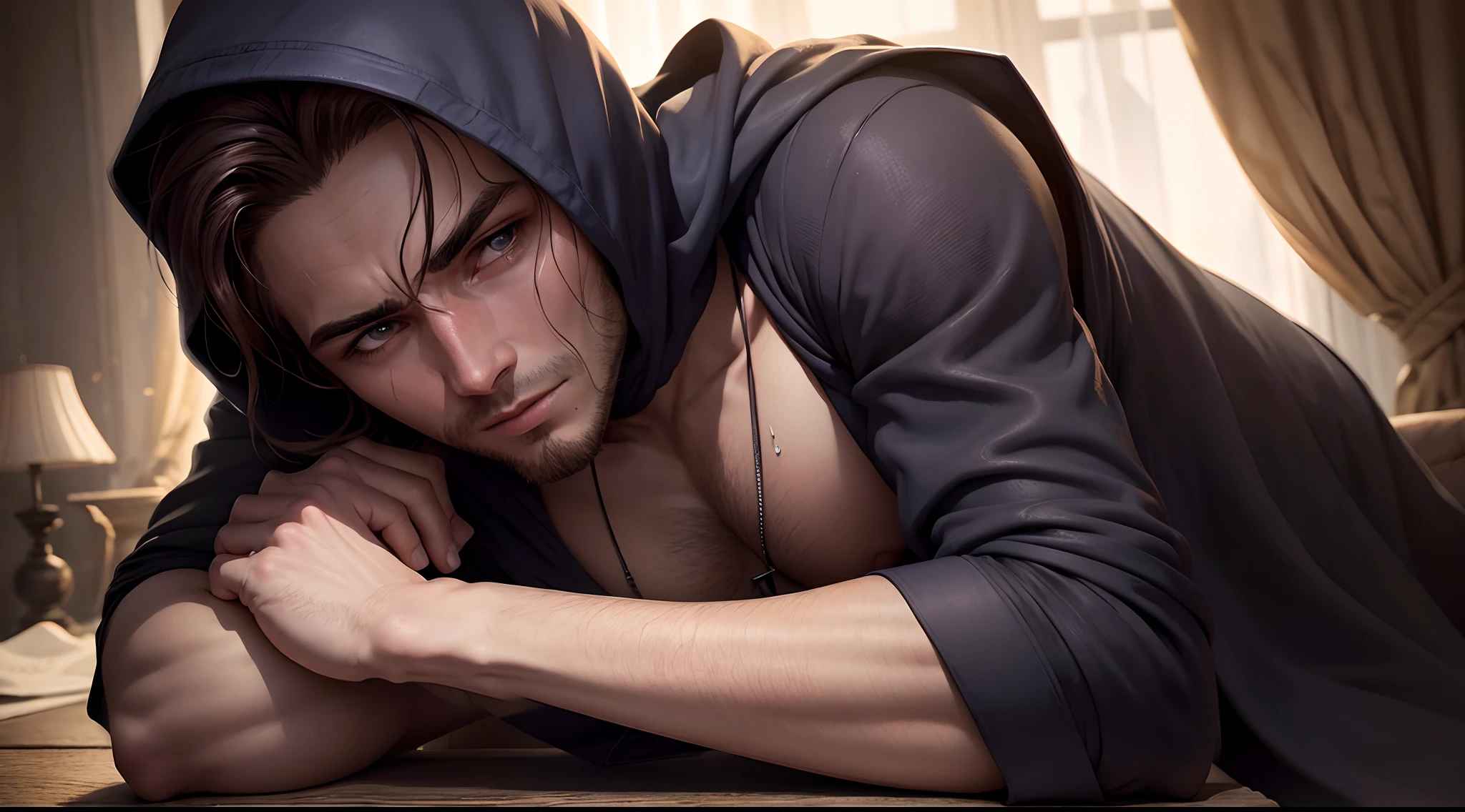 Jeune homme de dix-sept ans, sweat capuche dark visage d'ange, who has lived experience, character, hypersensible