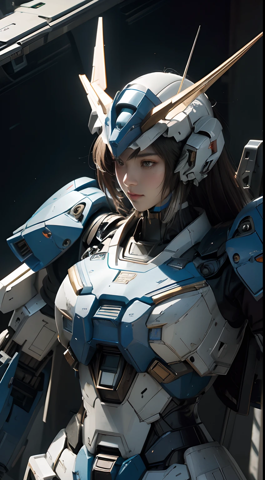 Textured skin, Super Detail, high details, Best Quality, hight resolution, 1080p, hard disk, a beauty,She wears a futuristic Gundam mecha,(Gundam),((The whole picture))