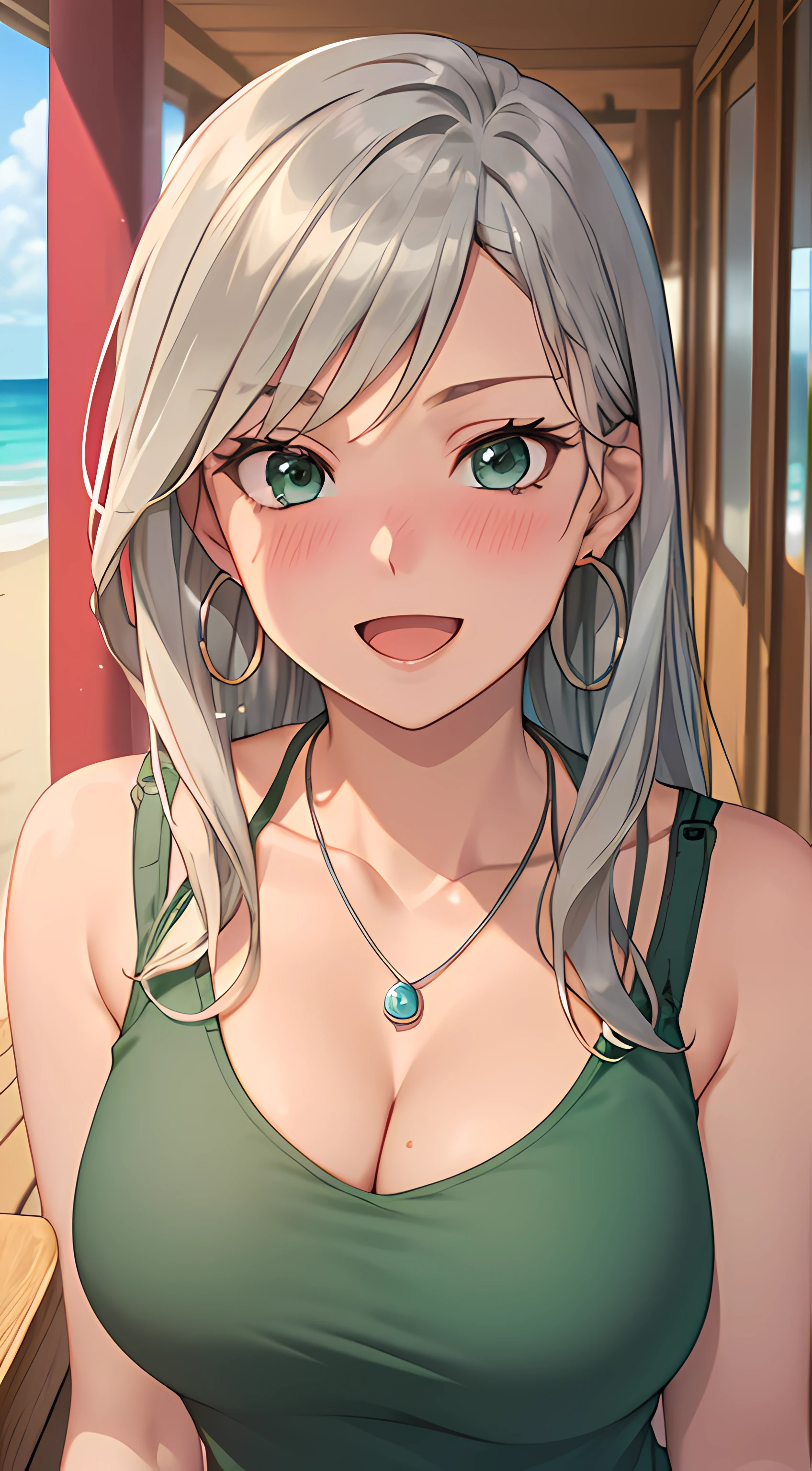 ((masterpiece, best quality, highres, UHD, RTX, perfect pixel, depth of field, 4k, extremely-detailed))), 1girl, single, solo, beautiful anime girl, beautiful artstyle, anime character, ((long hair, parted bangs, middle part hair bangs, dark blonde hair)), ((green eyes:1.4, rounded eyes, beautiful eyelashes, realistic eyes)), ((detailed face, blushing:1.2)), ((smooth texture:0.75, realistic texture:0.65, photorealistic:1.1, anime CG style, vibrant color)), ((medium breasts, cleavage, busty)), dynamic angle, perfect body, ((POV, dynamic pose, looking at viewer)), ((wearing tanktop, black tanktop, panties, visible bra from inside the tanktop)), ((necklace, silver hoop earrings)), smile, open mouth, embrassed, on the beach, summer, leaning forward