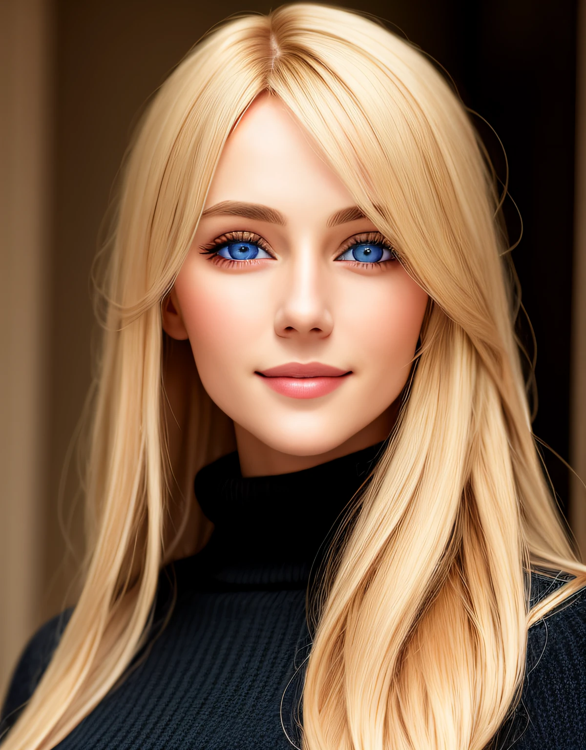 Masterpiece, absurdres,HDR ,highly detailed eyes and face,smiling, beautiful nod_woman, a woman with long blonde hair and a black sweater ,perfect nod_body,perfect nod_face,