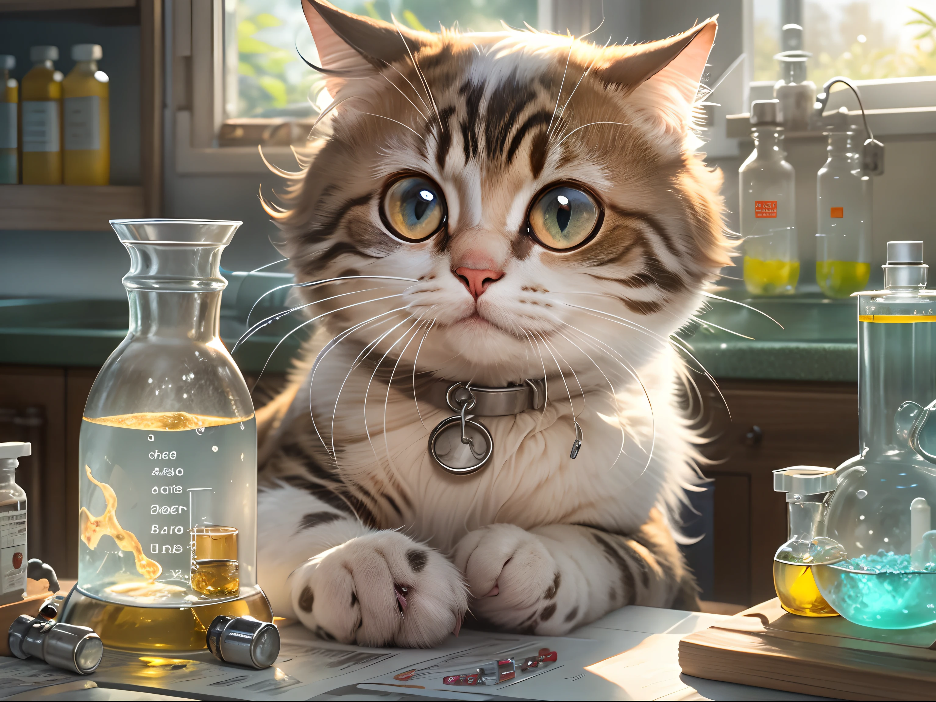 A round-eyed cat holds a round-bottom flask in a chemistry lab, There is a test tube rack on the front, The glass case has medicines, Sunlight outside the window,