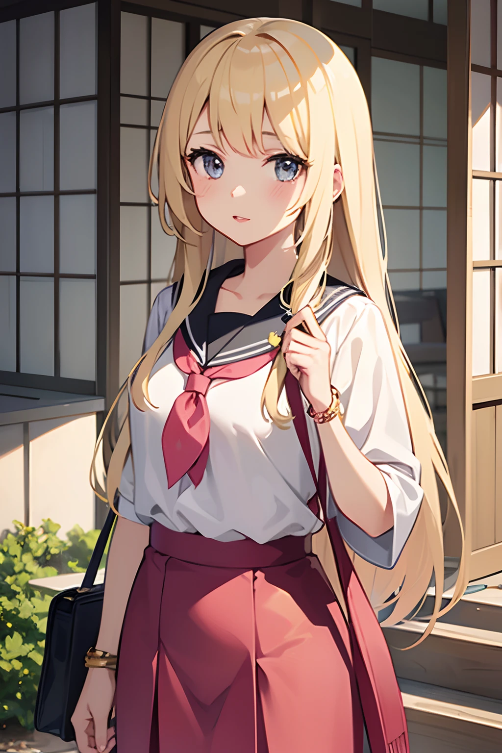 1 girl, solo, masterpiece, blonde hair,straight haired,long hair,pink lips, Japanese school top, Japanese bottom,cute and beautiful illustration,soft, bracelet, posing, standing position,bag