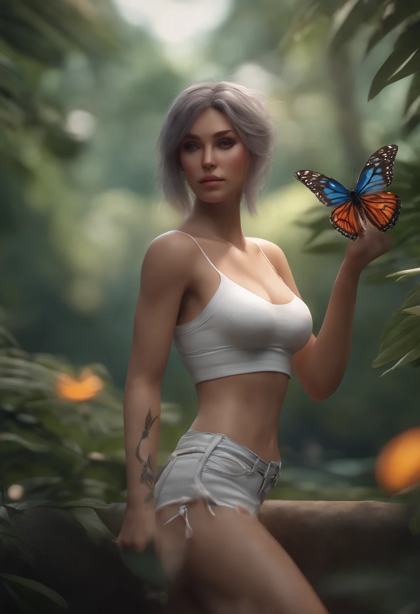 There is a tattooed woman with a skull, A feather catches dream and on the legs a butterfly in white bra and white shorts posing, Tendances sur CGstation, real Rendu Personnage Art 8 K, Rendu CG 3D fluide, Smooth Digital Concept Art, Smooth anime CG Art, KDA, Real style. 8k, realistic anime 3 d style, photorealistic anime girl render, 8K Artgerm Bokeh, Tendances chez CGSTATION