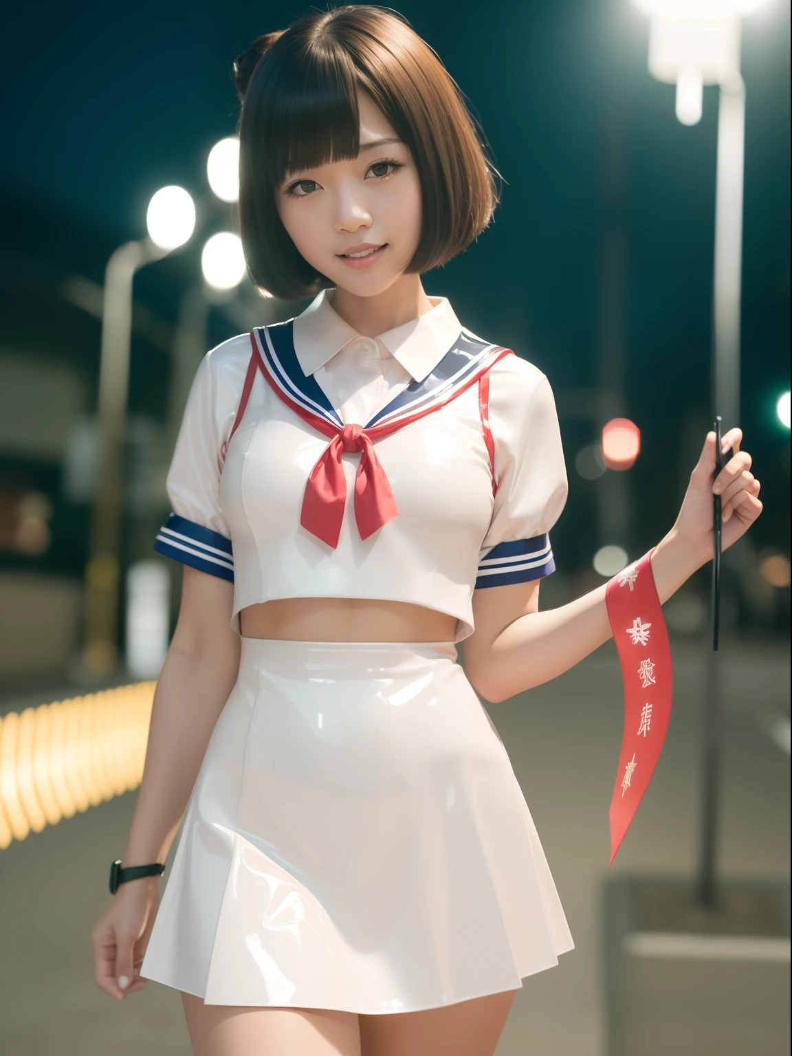 masutepiece,A hyper-realistic,32K,the Extremely Detailed CG Unity 8K Wallpapers, Best Quality,1 Beautiful Japan Woman,(Japan Latex Schoolgirl, Japan school uniform,Japanese student uniform,a sailor suit,Seifuku,Large Latex Sailor Color:1.3,((Latex Sailor Ribbon:1.2)),Cowboy Shot, Street, hong kong street, (Film grain:1.2), (Film Overlay:1.3), Night,Smile,Bob Cut Hair,