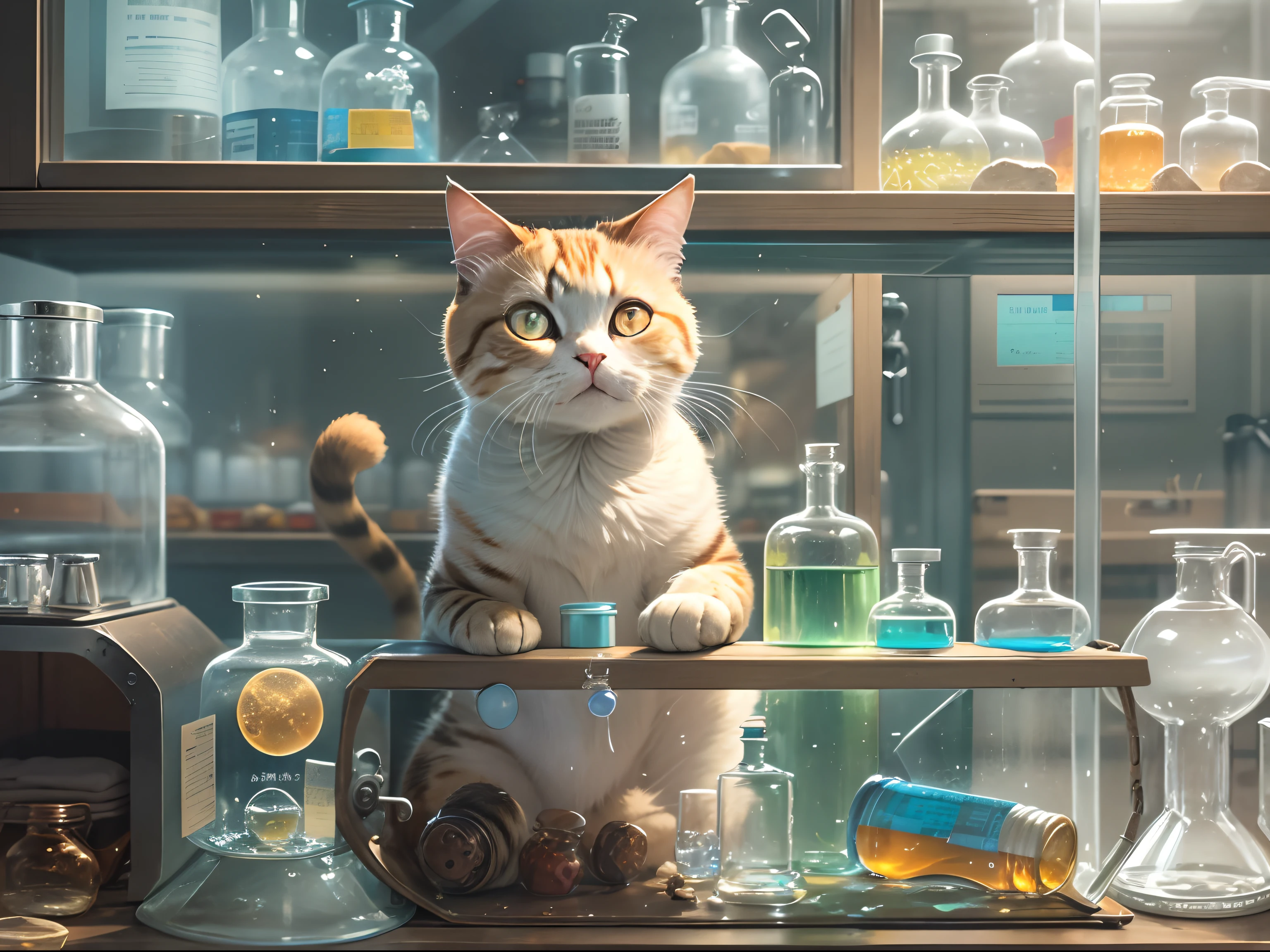 A round-eyed cat holds a round-bottom flask in a chemistry lab, There is a test tube rack on the front, The glass case has medicines, Sunlight outside the window,