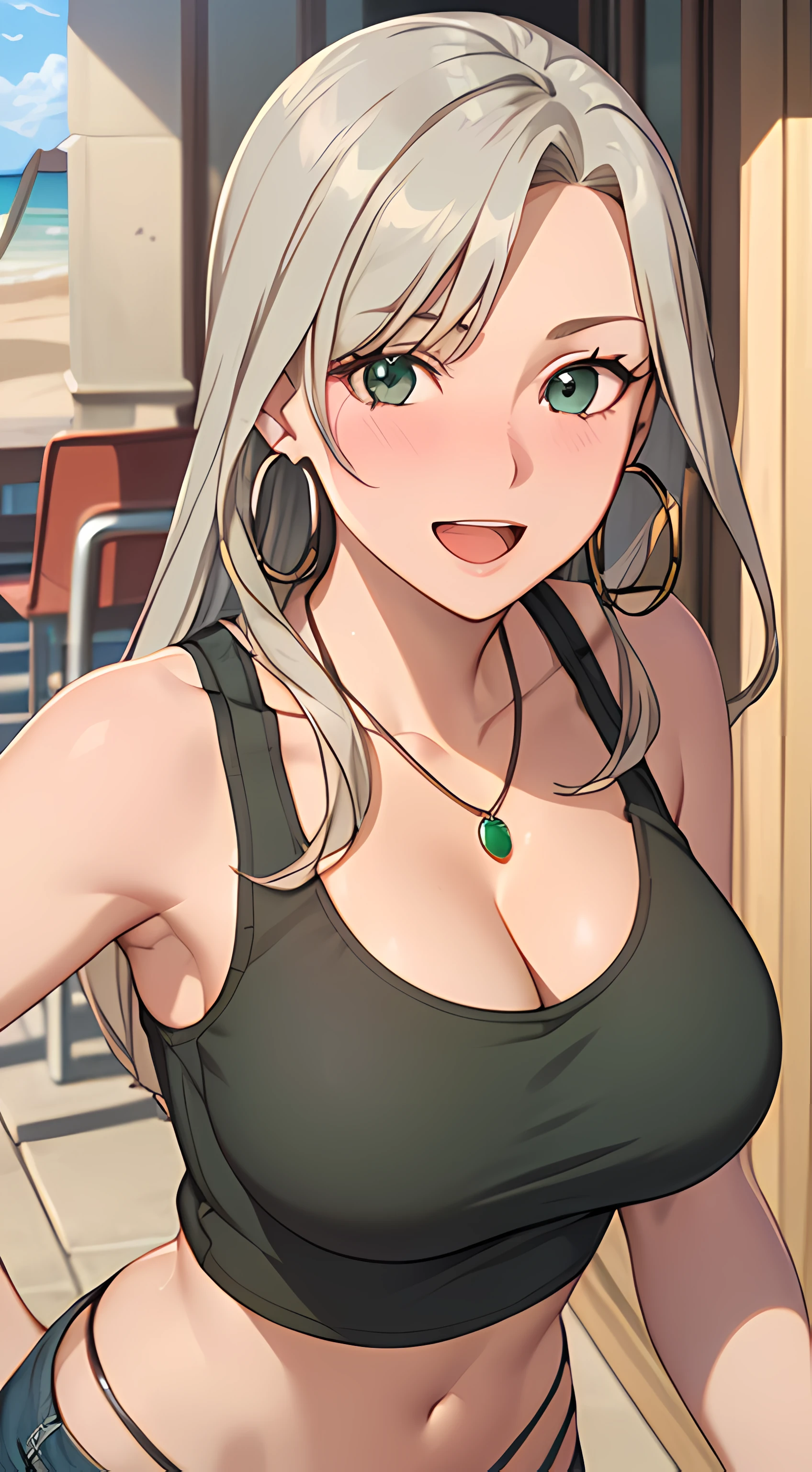 ((masterpiece, best quality, highres, UHD, RTX, perfect pixel, depth of field, 4k, extremely-detailed))), 1girl, single, solo, beautiful anime girl, beautiful artstyle, anime character, ((long hair, parted bangs, middle part hair bangs, dark blonde hair)), ((green eyes:1.4, rounded eyes, beautiful eyelashes, realistic eyes)), ((detailed face, blushing:1.2)), ((smooth texture:0.75, realistic texture:0.65, photorealistic:1.1, anime CG style, vibrant color)), ((medium breasts, cleavage, busty)), dynamic angle, perfect body, ((POV, dynamic pose, looking at viewer)), ((wearing tanktop, black tanktop, panties, visible bra from inside the tanktop)), ((necklace, silver hoop earrings)), smile, open mouth, embrassed, on the beach, summer, leaning forward