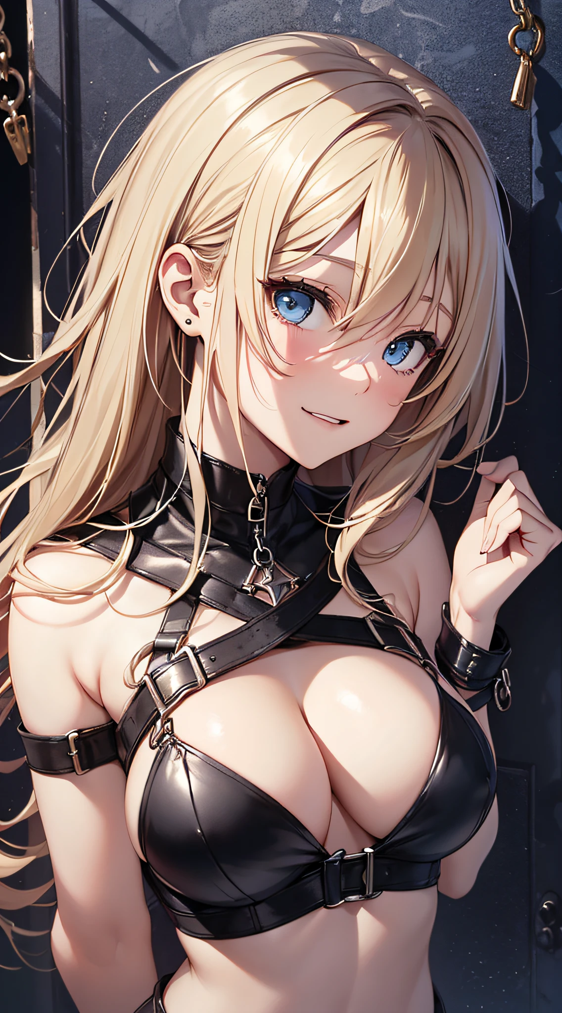 top-quality、Top image quality、masterpiece、girl with((18year old、dark outfit、prisoner、 Best Bust、Bust 85、a blond、Semi-long、Blue eyes、open chest wide、Valley、Happiness、A slender、Provocative behavior、Bad face、Handcuffed、High laughter))hiquality、Beautiful Art、Background with((prison))、masutepiece、Elaborate design、visualart