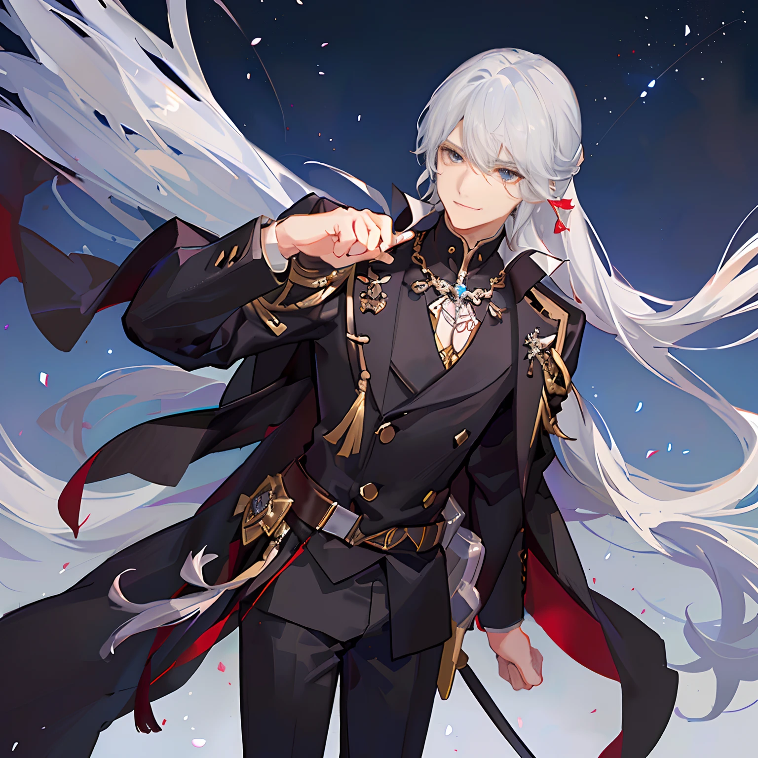 A handsome young man stands under the night sky,Sword-eyed stars,Cool and elegant,He tied his long gray hair into a high ponytail,The bangs in front of the forehead are slightly separated from the middle,A pair of white Danfeng eyes,It adds a touch of coldness,But this indifference was masked by a playful smile at the corner of his mouth。Two ears with a pair of expensive black fringed earrings,In his left hand he holds a fan with black bones,He holds two silver orbs in his right hand,Wearing a luxurious black gold immortal cultivation uniform,Silver bracelets are worn on both wrists
