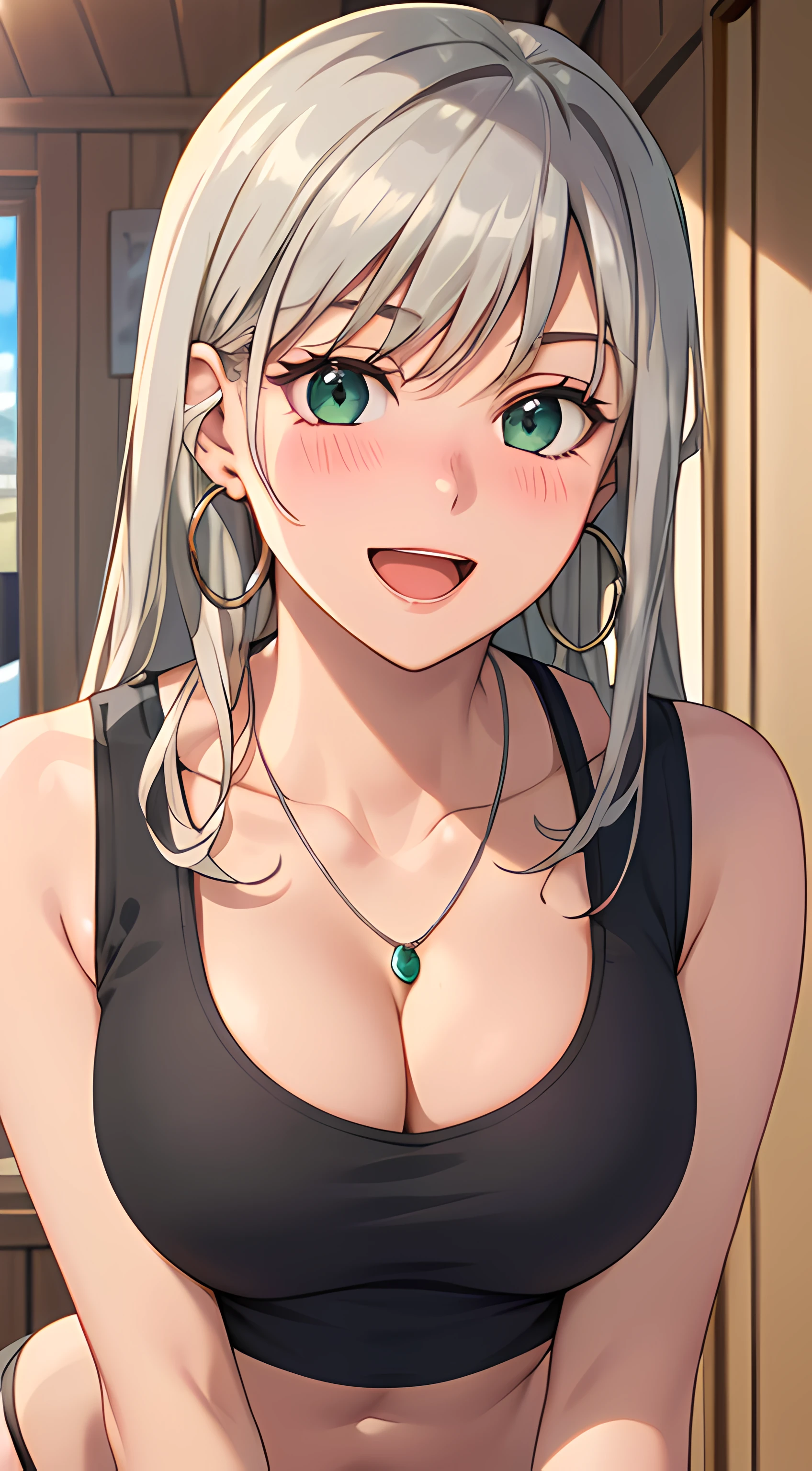 ((masterpiece, best quality, highres, UHD, RTX, perfect pixel, depth of field, 4k, extremely-detailed))), 1girl, single, solo, beautiful anime girl, beautiful artstyle, anime character, big sister, older sister, onee-san, ((long hair, parted bangs, middle part hair bangs, dark blonde hair)), ((green eyes:1.4, rounded eyes, beautiful eyelashes, realistic eyes)), ((detailed face, blushing:1.2)), ((smooth texture:0.75, realistic texture:0.65, photorealistic:1.1, anime CG style, vibrant color)), ((medium breasts, cleavage, busty)), dynamic angle, perfect body, ((POV, dynamic pose, looking at viewer)), ((wearing tanktop, black tanktop, panties, visible bra from inside the tanktop)), ((necklace, silver hoop earrings)), smile, open mouth, embrassed, on the beach, summer, leaning forward