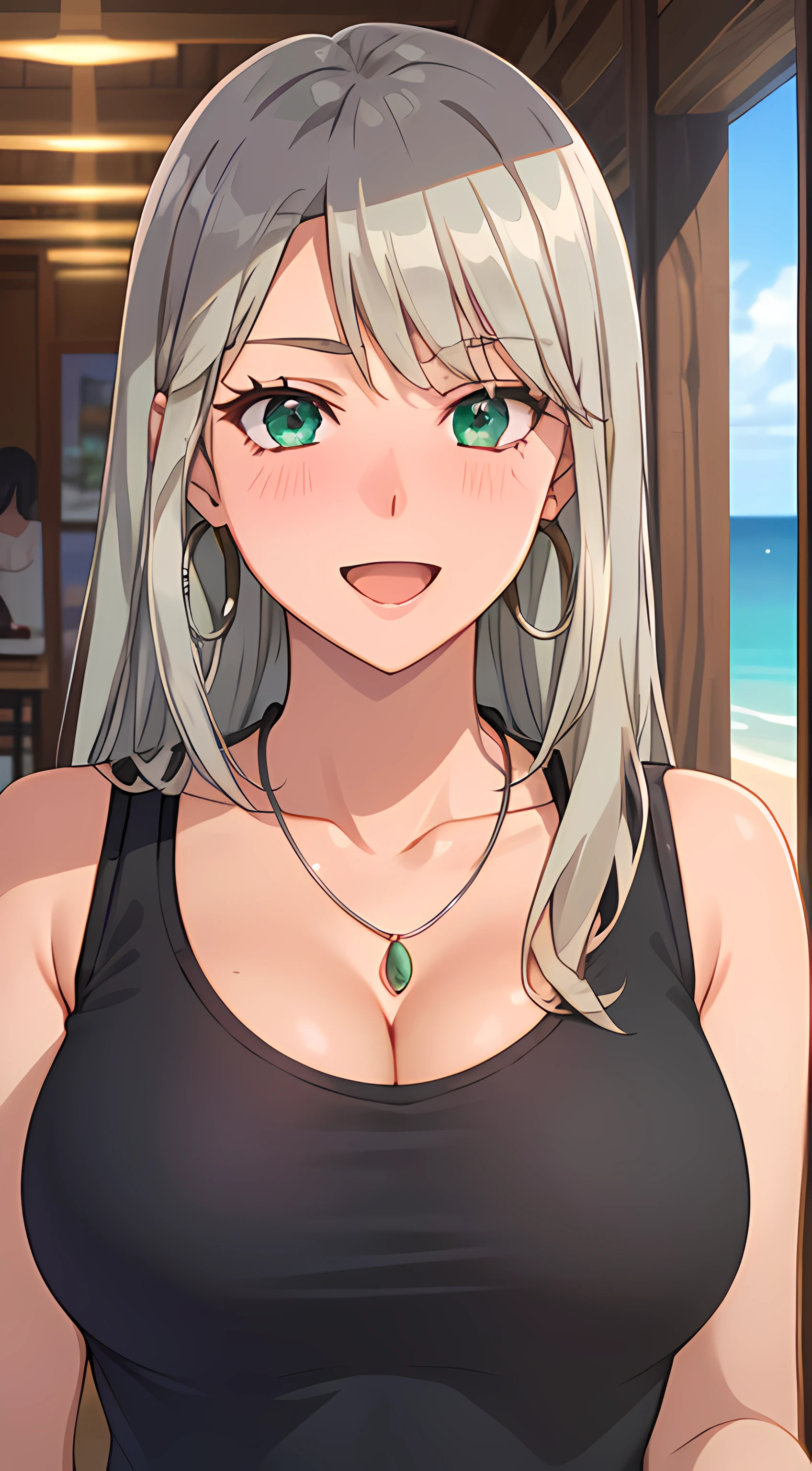 ((masterpiece, best quality, highres, UHD, RTX, perfect pixel, depth of field, 4k, extremely-detailed))), 1girl, single, solo, beautiful anime girl, beautiful artstyle, anime character, big sister, older sister, onee-san, ((long hair, parted bangs, middle part hair bangs, dark blonde hair)), ((green eyes:1.4, rounded eyes, beautiful eyelashes, realistic eyes)), ((detailed face, blushing:1.2)), ((smooth texture:0.75, realistic texture:0.65, photorealistic:1.1, anime CG style, vibrant color)), ((medium breasts, cleavage, busty)), dynamic angle, perfect body, ((POV, dynamic pose, looking at viewer)), ((wearing tanktop, black tanktop, panties, visible bra from inside the tanktop)), ((necklace, silver hoop earrings)), smile, open mouth, embrassed, on the beach, summer, leaning forward