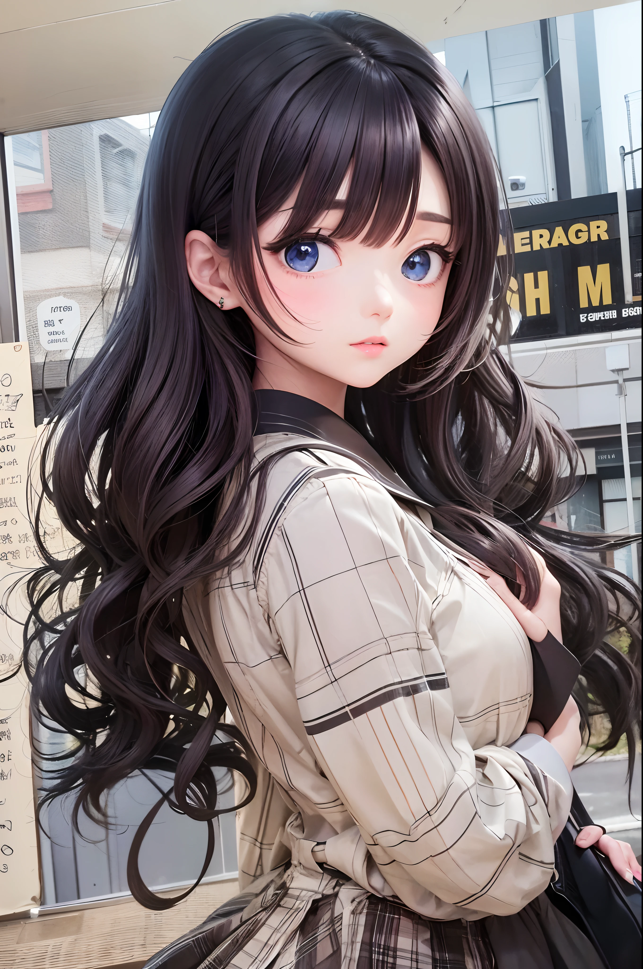 Blunt bangs, curlyhair, hime-cut, twin drills, Quad drill, Twin-tailed, nffsw, masutepiece, ccurate, Anatomically correct, Textured skin, high details, hight resolution, Best Quality, Super Detail, (full bodyesbian、full bodyesbian)、realisitic、Beautiful pictures、small tits、beautiful countenance、cute face、sunlight、Cinematic light、bangss、a beauty girl、beautidful eyes、perfect eyes、perfect anatomia、Very cute、Human hand、elegent、Approaching perfection、Dynamic、A highly detailed、Character Sheet、Concept art、Amazingly cute teenage beautiful girl、detailed hairstyle、student clothes, hi-school girl