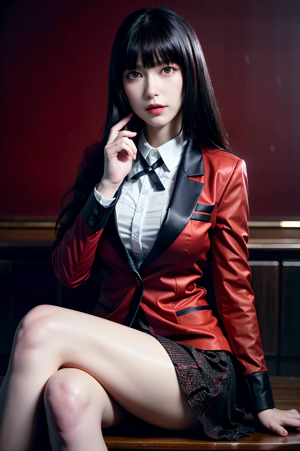 zzang-6500-v1.1,(original photo:1.2),(realistic:1.4),beautiful detailed girl,very detailed eyes and face,beautiful detail eyes,ridiculous,incredibly ridiculous,super detailed,high resolution,very detailed,best quality,masterpiece,illustration,very detailed,CG,unified,8k wallpaper,amazing,fine detail,masterpiece,best quality,face light, lights,1 girl, (((kakegurui yumeko))),long hair, blunt bangs, red eyes, school uniform, red jacket, pantyhose, white shirt, black ribbon, pleated skirt, evil smile, sitting, classroom, dark background, crossed legs,