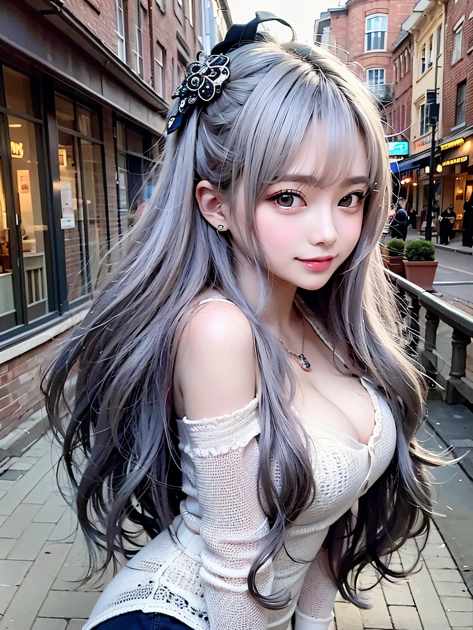 (surrealistic), (illustratio), (hight resolution), (8k picture), (ighly detailed), (The best illustrations), (beatiful detailed eyes), (top-quality), (ultra-detailliert), (masterpiece), (wall-paper), (详细的脸), 独奏, 1girl in, Gray wavy hair、Off-the-shoulder clothing、huge smile、Blushing cheeks、bangss、Colossal tits、Constriction of the lower back、skinny thigh、small buttocks sticking out、Beautiful bangs、Look at your audience、a necklace、耳Nipple Ring、Watching from above、main street、Backshots、