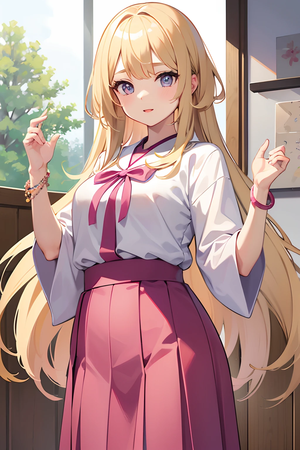 1 girl, solo, masterpiece, blonde hair,straight haired,long hair,pink lips, Japanese school shirt, Japanese skirt,cute and beautiful illustration,soft, bracelet, posing, standing position,pink cheery