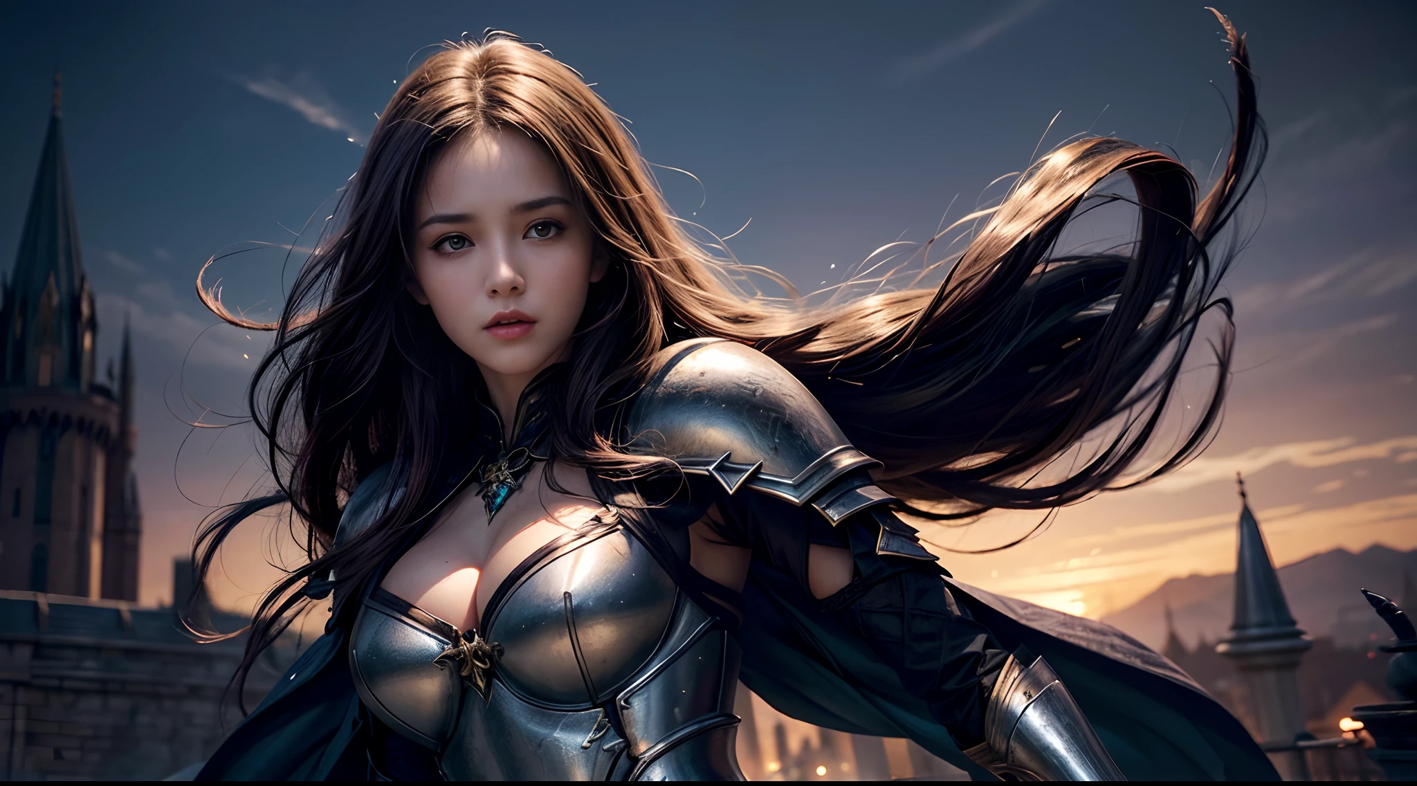 tmasterpiece,top-quality,best qualityer,((photorealisti)),(femele:1.4),(Large breasts),warrioress,Heavy armor,Complex patterns,The background is the castle,dramatics,(magia:1.8),(Glowing sword:1.5),Mysterious symbol