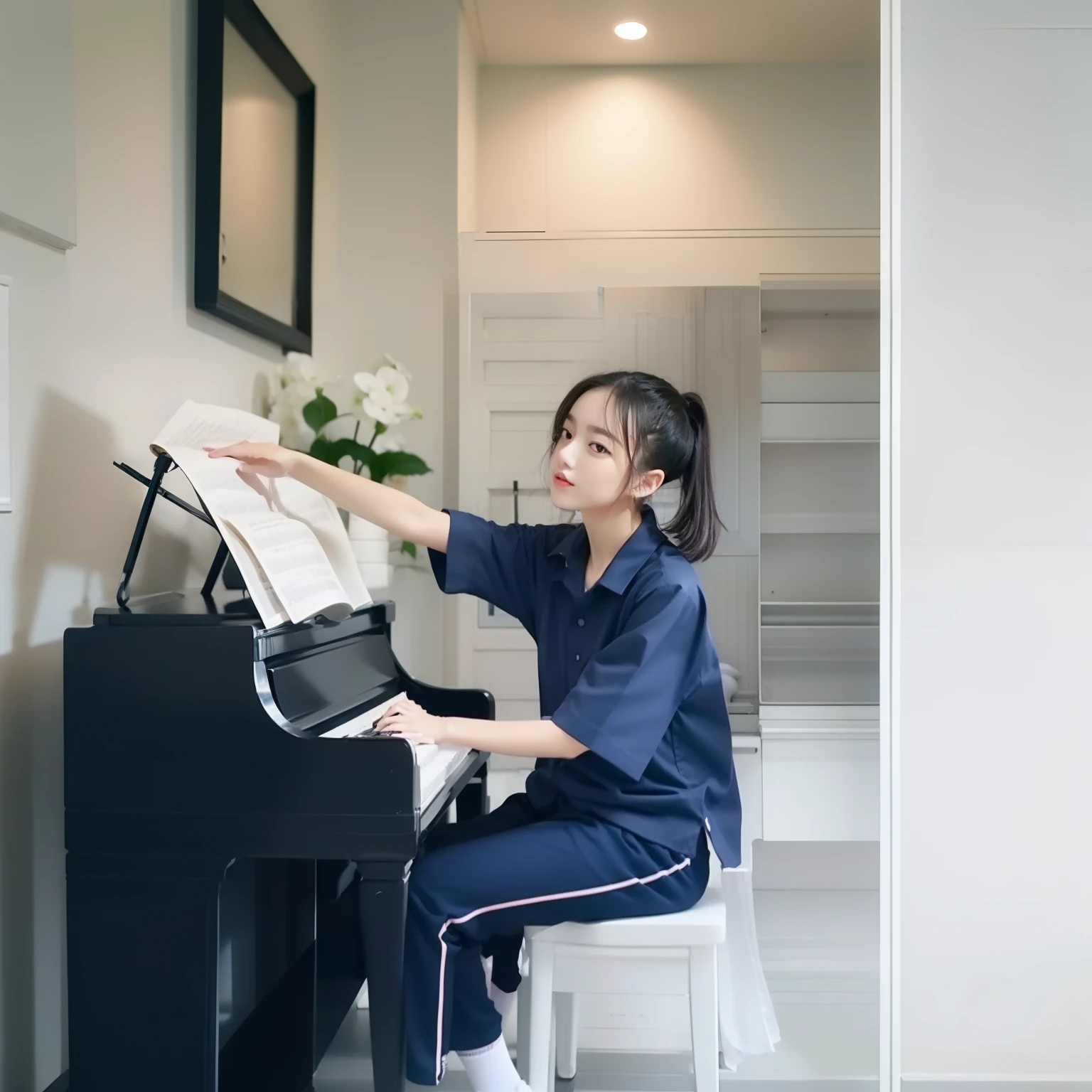 1 cute girl playing piano,navy shirt,longtrackpant,shortsleeve,whitesocks