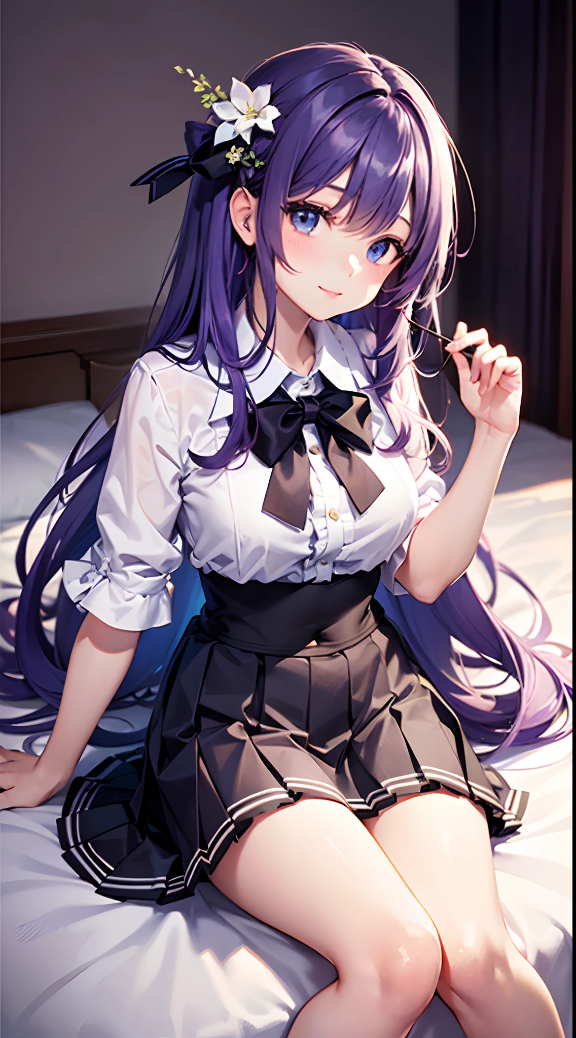 Teenage girl ((small stature)) ((White skin)) ((purple eyes)) ((long hair, emo on one eye)) ((black hair)) ((Shy and blushing)) ((small breasts)) ((small hips)) ((lying in bed with long and loose doubts)) ((skirt raised a little revealing panties)) ((hand on vagina))
