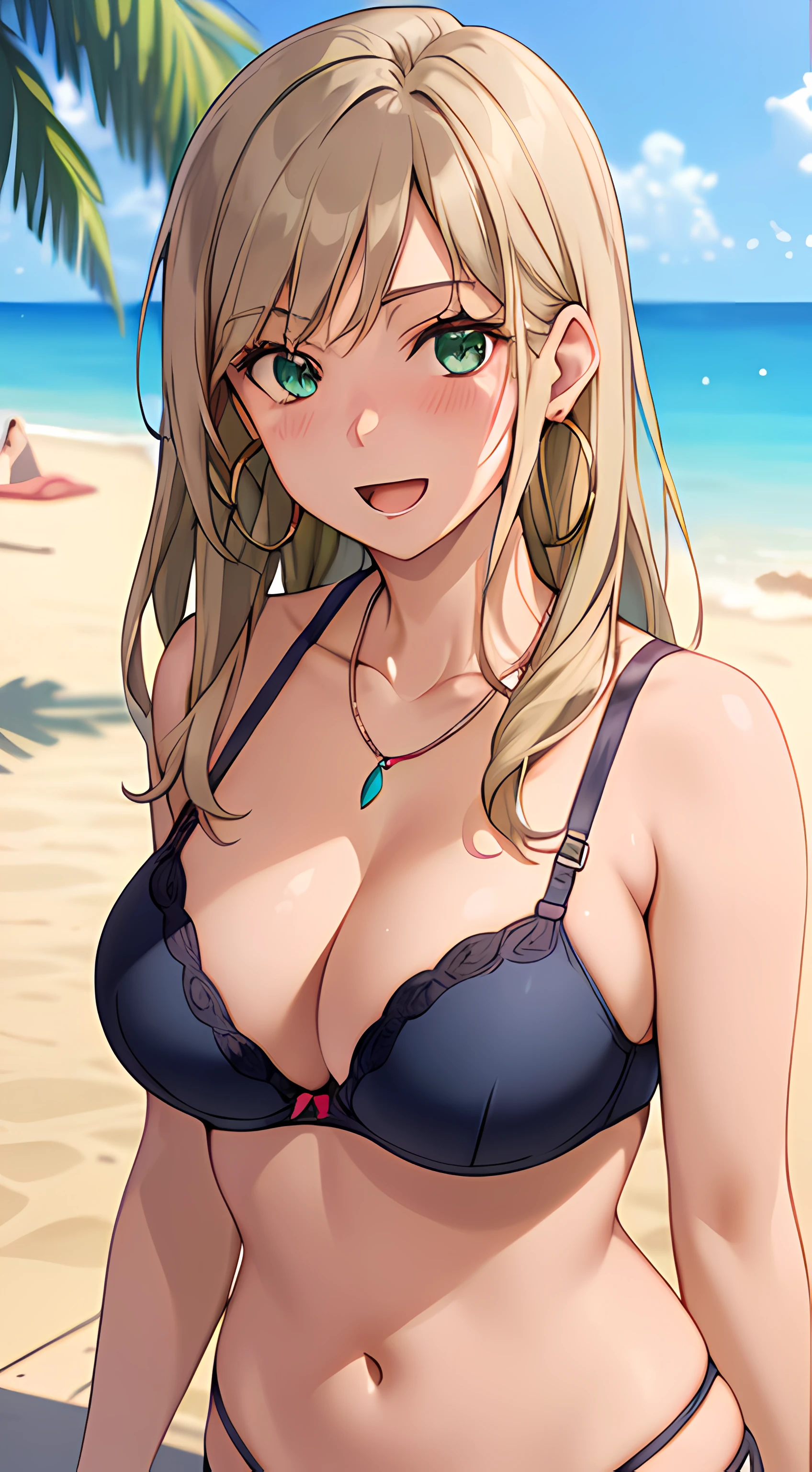 ((masterpiece, best quality, highres, UHD, RTX, perfect pixel, depth of field, 4k, extremely-detailed))), 1girl, single, solo, beautiful anime girl, beautiful artstyle, anime character, big sister, older sister, onee-san, ((long hair, parted bangs, middle part hair bangs, dark blonde hair)), ((green eyes:1.4, rounded eyes, beautiful eyelashes, realistic eyes)), ((detailed face, blushing:1.2)), ((smooth texture:0.75, realistic texture:0.65, photorealistic:1.1, anime CG style, vibrant color)), ((medium breasts, cleavage, busty)), dynamic angle, perfect body, ((POV, cowboy shot, looking at viewer)), ((bikini, bra, panties)), ((necklace, hoop earrings)), smile, open mouth, embrassed, on the beach, summer, coconut trees