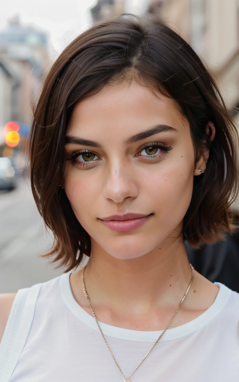 cute beautiful brunette, selfie, street, eyeliner, very detailed, 22 years old, flirty face, short hair, brown eyes, high-res, masterpiece, best quality, intricate details, highly detailed, sharp focus, detailed skin, realistic skin texture,detailed eyes, professional, 4k, smile, shot on Canon, 85mm,shallow depth of field, kodak vision color, eyeshadow, extremely detailed, photo_\(ultra\), photorealistic, realistic, post-processing, max detail, roughness, real life, ultra realistic, photorealism, photography, 8k uhd, photography,