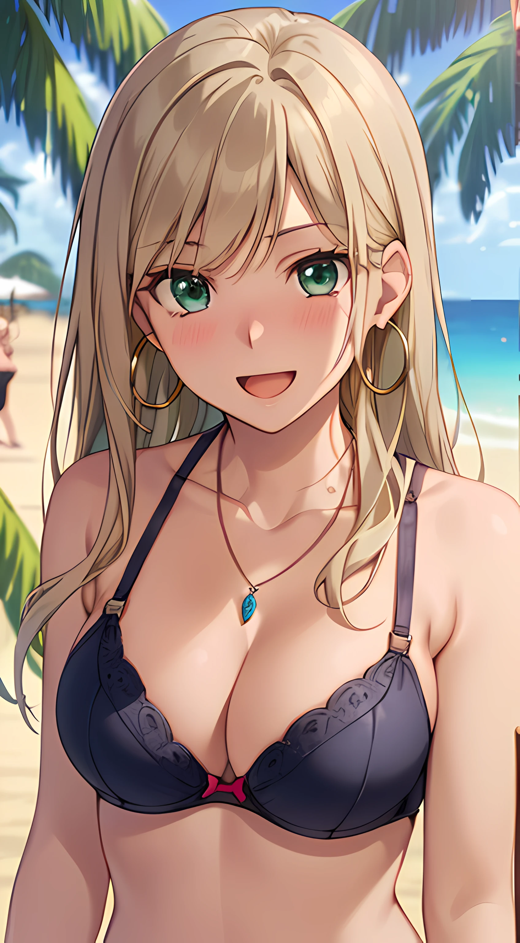 ((masterpiece, best quality, highres, UHD, RTX, perfect pixel, depth of field, 4k, extremely-detailed))), 1girl, single, solo, beautiful anime girl, beautiful artstyle, anime character, big sister, older sister, onee-san, ((long hair, parted bangs, middle part hair bangs, dark blonde hair)), ((green eyes:1.4, rounded eyes, beautiful eyelashes, realistic eyes)), ((detailed face, blushing:1.2)), ((smooth texture:0.75, realistic texture:0.65, photorealistic:1.1, anime CG style, vibrant color)), ((medium breasts, cleavage, busty)), dynamic angle, perfect body, ((POV, cowboy shot, looking at viewer)), ((bikini, bra, panties)), ((necklace, hoop earrings)), smile, open mouth, embrassed, on the beach, summer, coconut trees