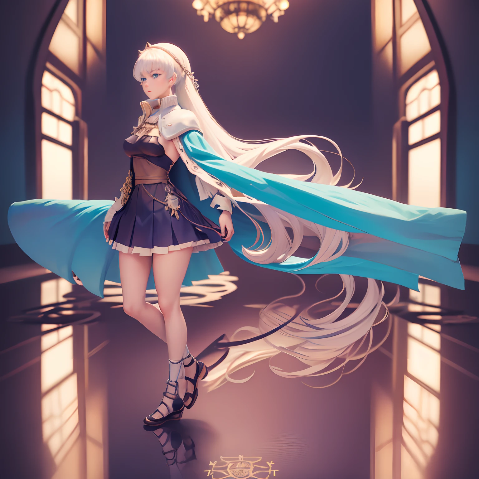 1 girl, solo one girl, inspired by the body and face of Anastasia from the anime FGO, and the hair of Kamisato Ayaka, blue eyes, long brown hair, medium breasts, standing, dynamic pose, short dress with, shoe with heels, tight stockings thigh, thick thighs, full body, perfect anatomy, beautiful, extreme beauty girl