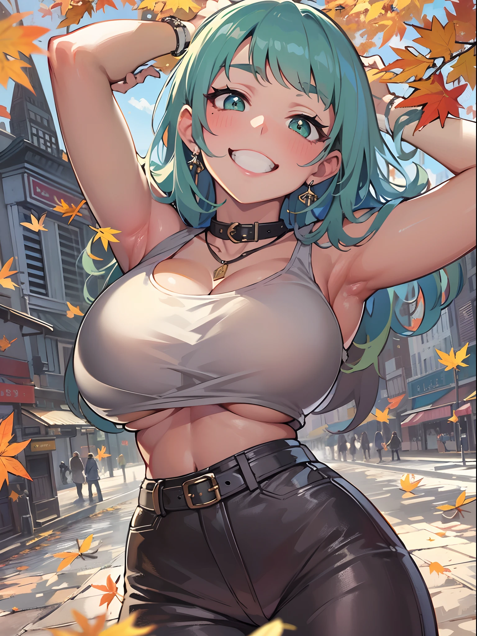 Best Quality,超A high resolution,1 adult female,Full body,Autumn leaves,city,, Blue hair,Green eyes,Tank Tops、Leather pants、Smile gently、(Huge bust:1.5)