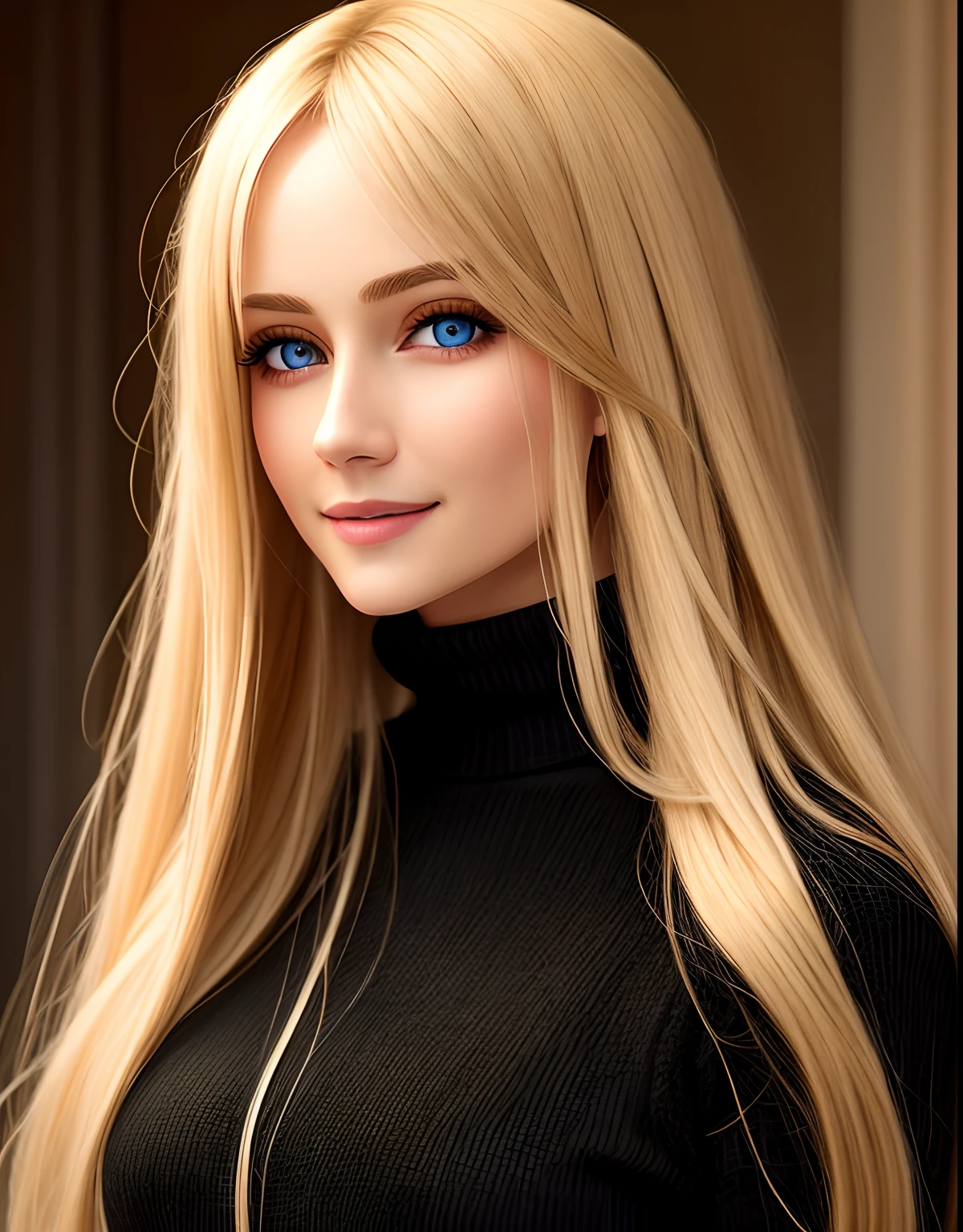 Masterpiece, absurdres,HDR ,highly detailed eyes and face,smiling, beautiful nod_woman, a woman with long blonde hair and a black sweater ,perfect nod_body,perfect nod_face,