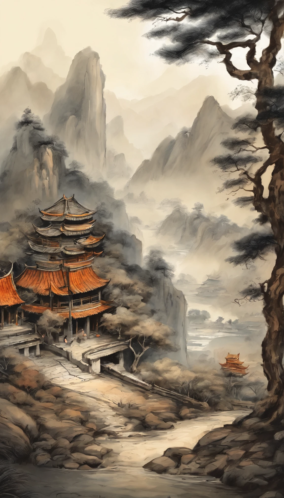 Quaint Han Dynasty style temple，（There was an ancient Chinese monk who sat and meditated（closeup cleavage）），（Meditate），zazen，age-old tree，falling leaf，（Chinese landscape painting style），（Pastel ink painting），（8k wallpaper），（light and shadow effect），rendering by octane，White balance design，Extremely detailed picture depiction，wide angles，depth of fields，tmasterpiece，realisticlying，Beautifully depicted，A detailed，acurate，Works of masters，tmasterpiece