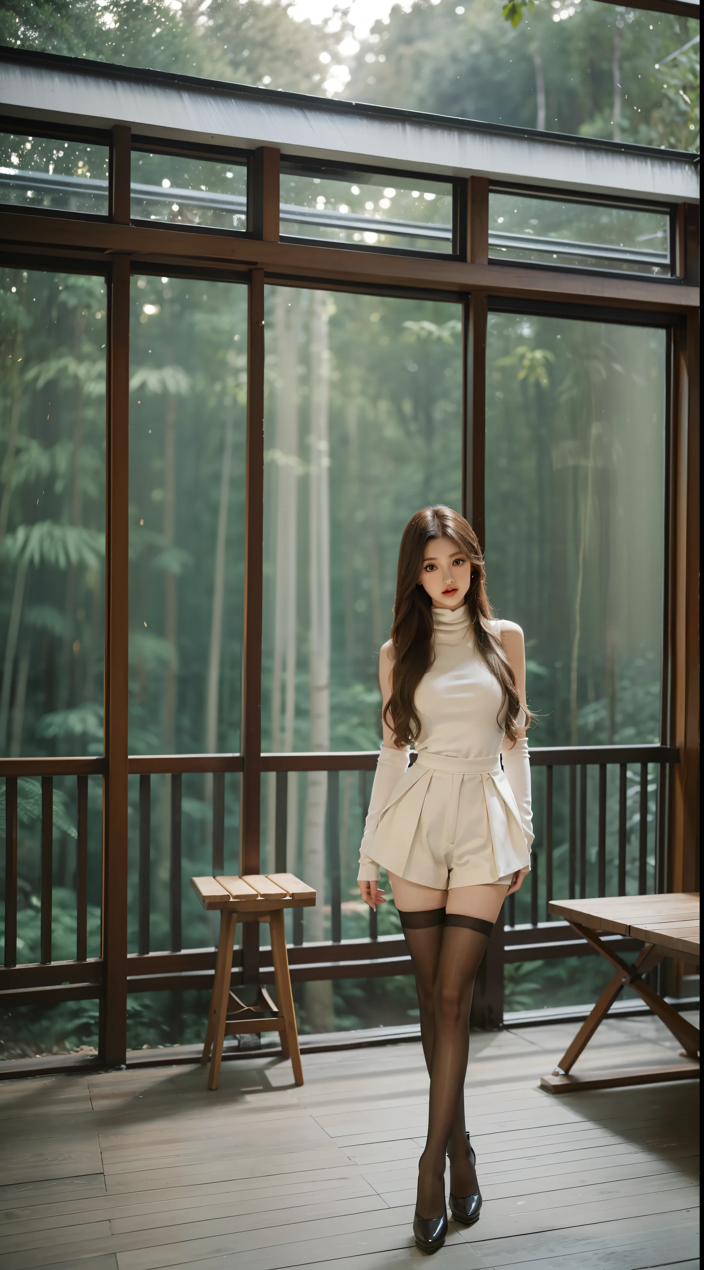Beautiful young woman,long whitr hair,sleeveless turtleneck,high - waist shorts,Hosiery,high-heels,huge boobs,Delicate makeup,are standing,staring in the camera,ln the forest,floresta exuberante,The best lighting,Light