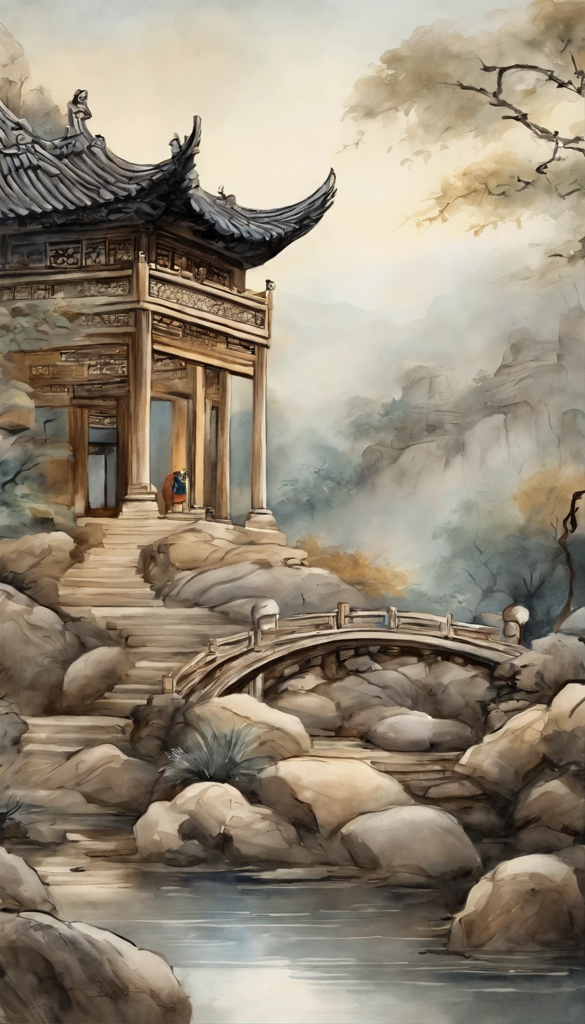 Quaint Han Dynasty style temple,(There was an ancient Chinese monk who sat and meditated(closeup cleavage)),(Meditate),zazen,age-old tree,falling leaf,(Chinese landscape painting style),(Pastel ink painting),(8k wallpaper),(light and shadow effect),rendering by octane,White balance design,Extremely detailed picture depiction,wide angles,depth of fields,tmasterpiece,realisticlying,Beautifully depicted,A detailed,acurate,Works of masters,tmasterpiece