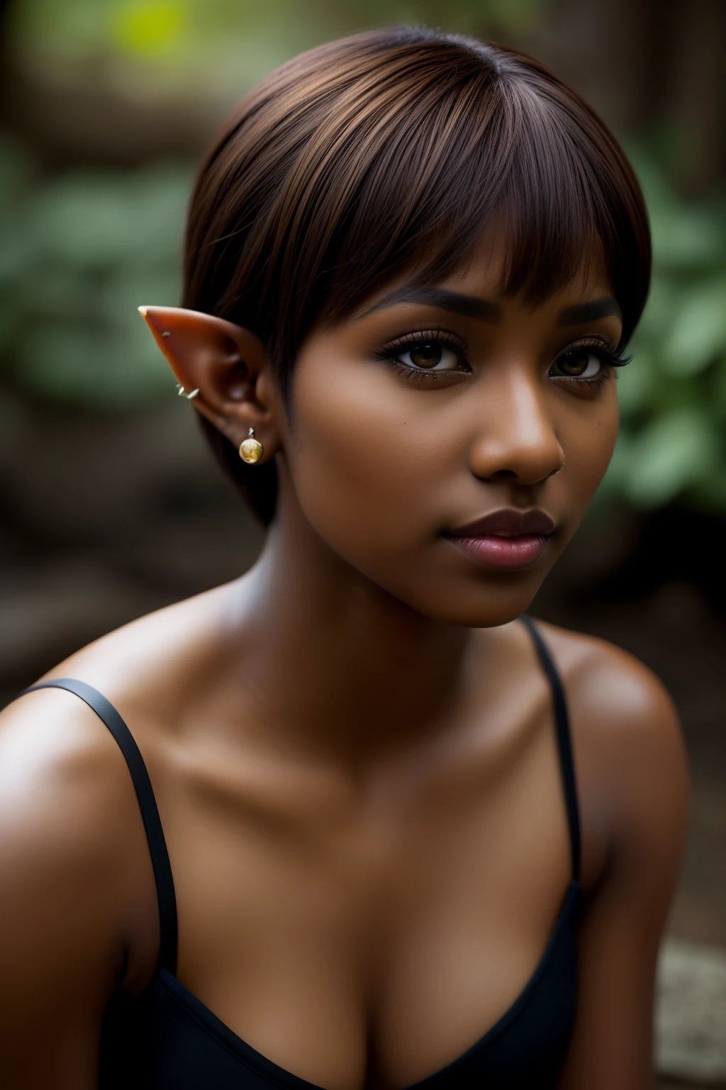 Masterpiece, high quality, (Deep brown skin tone), elf, fit, beautiful elf, sexy elf, female, portrait, piercings, virgin, black eyes, princess, Aesthetic