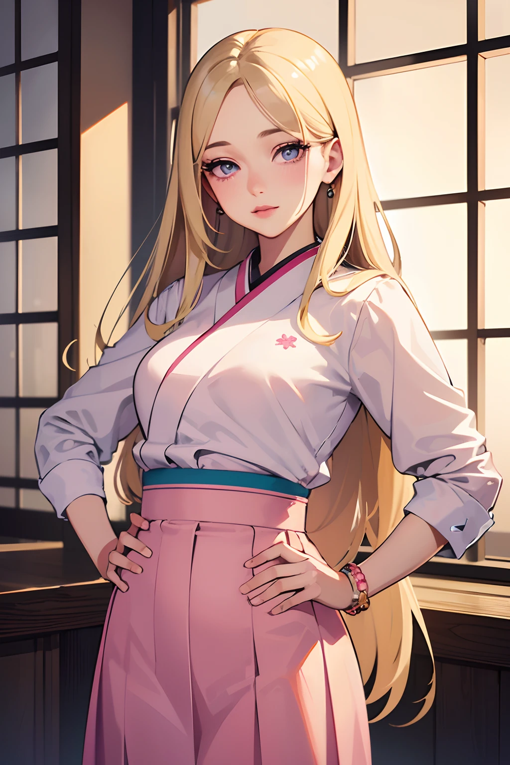 (best quality, masterpiece:1.2), ultra-detailed, realistic, detailed eyes, detailed lips, long eyelashes, blonde straight hair, soft pink lips, cute and beautiful illustration, Japanese school shirt, Japanese skirt, bracelet, standing position, vivid colors, soft lighting