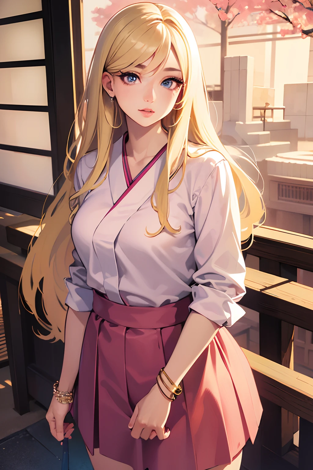 (best quality, masterpiece:1.2), ultra-detailed, realistic, detailed eyes, detailed lips, long eyelashes, blonde straight hair, soft pink lips, cute and beautiful illustration, Japanese school shirt, Japanese skirt, bracelet, standing position, vivid colors, soft lighting