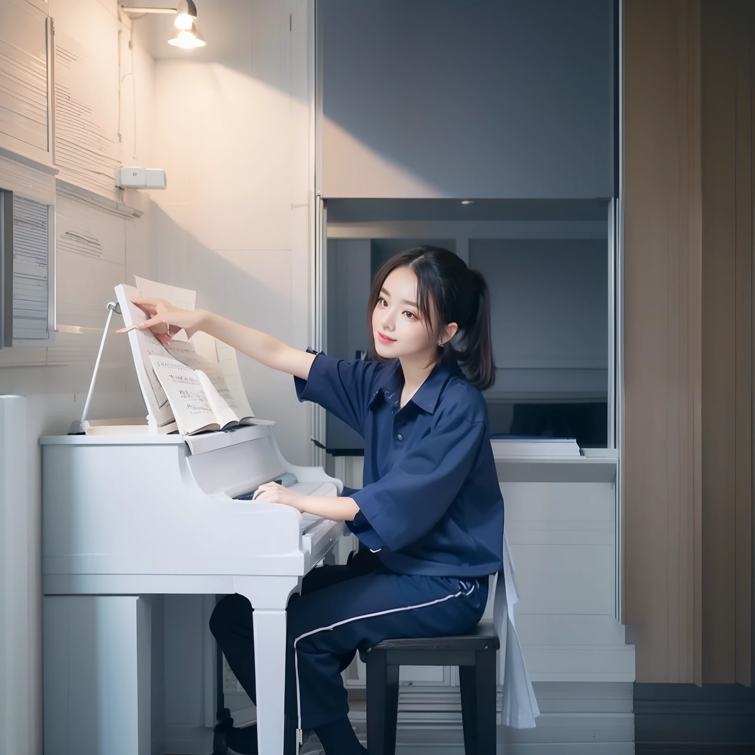 1 cute girl playing piano,navy shirt,longtrackpant,shortsleeve,whitesocks